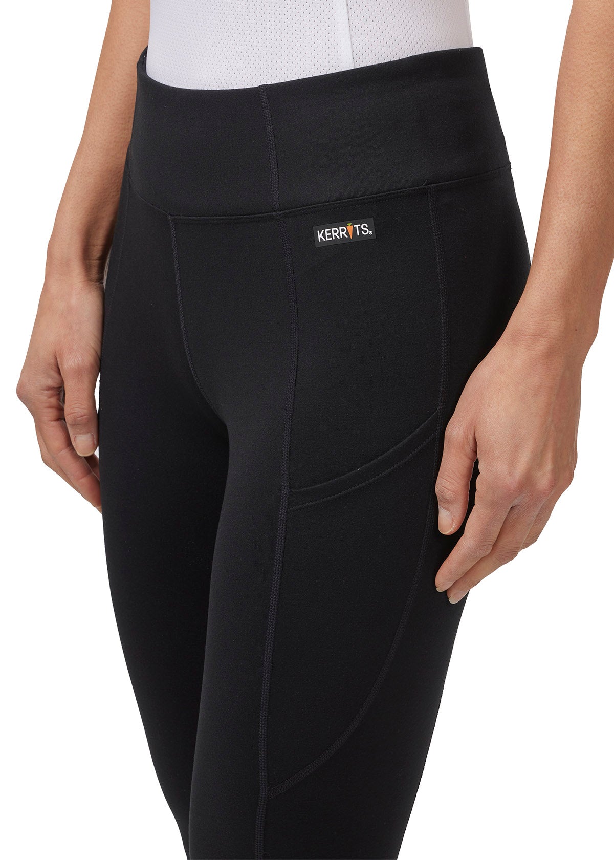 Close-up of the 3-inch wide waistband with power mesh insert on the Free Style Knee Patch Pocket Tight, ensuring a secure and comfortable fit.