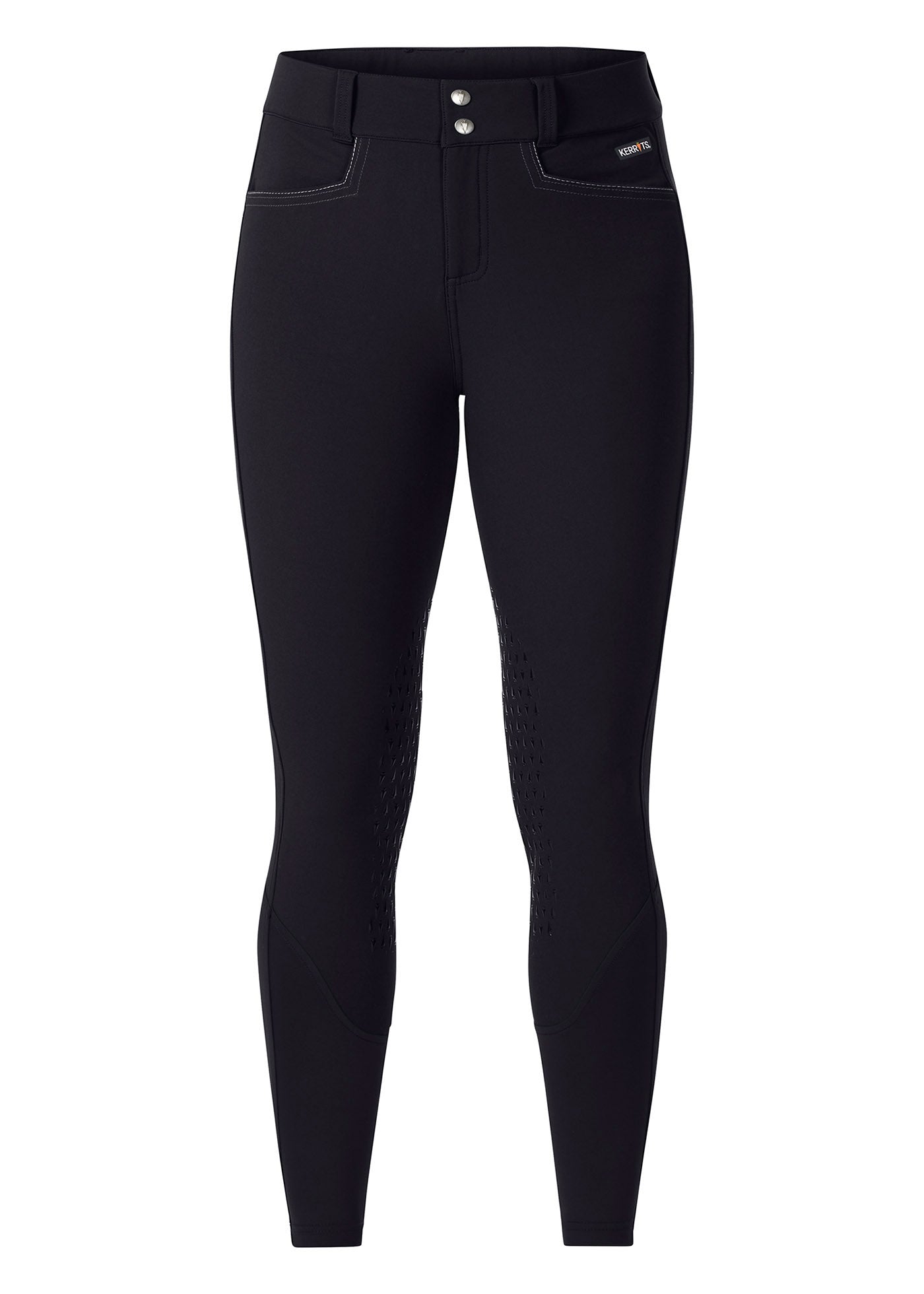 Flat lay of the Kerrits K-Flex™ Knee Patch Breech in Black, displaying the structured front design and mid-rise waistband.