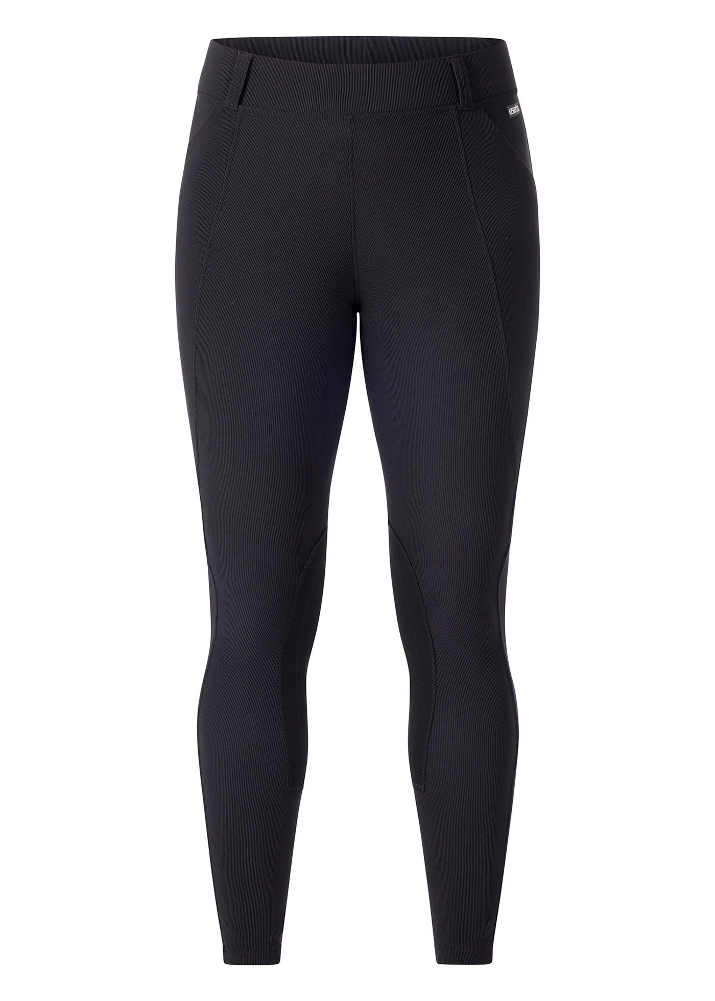 Flat lay of the Microcord™ Knee Patch Pocket Tight in Black, showing the front profile, two pockets and waistband design.