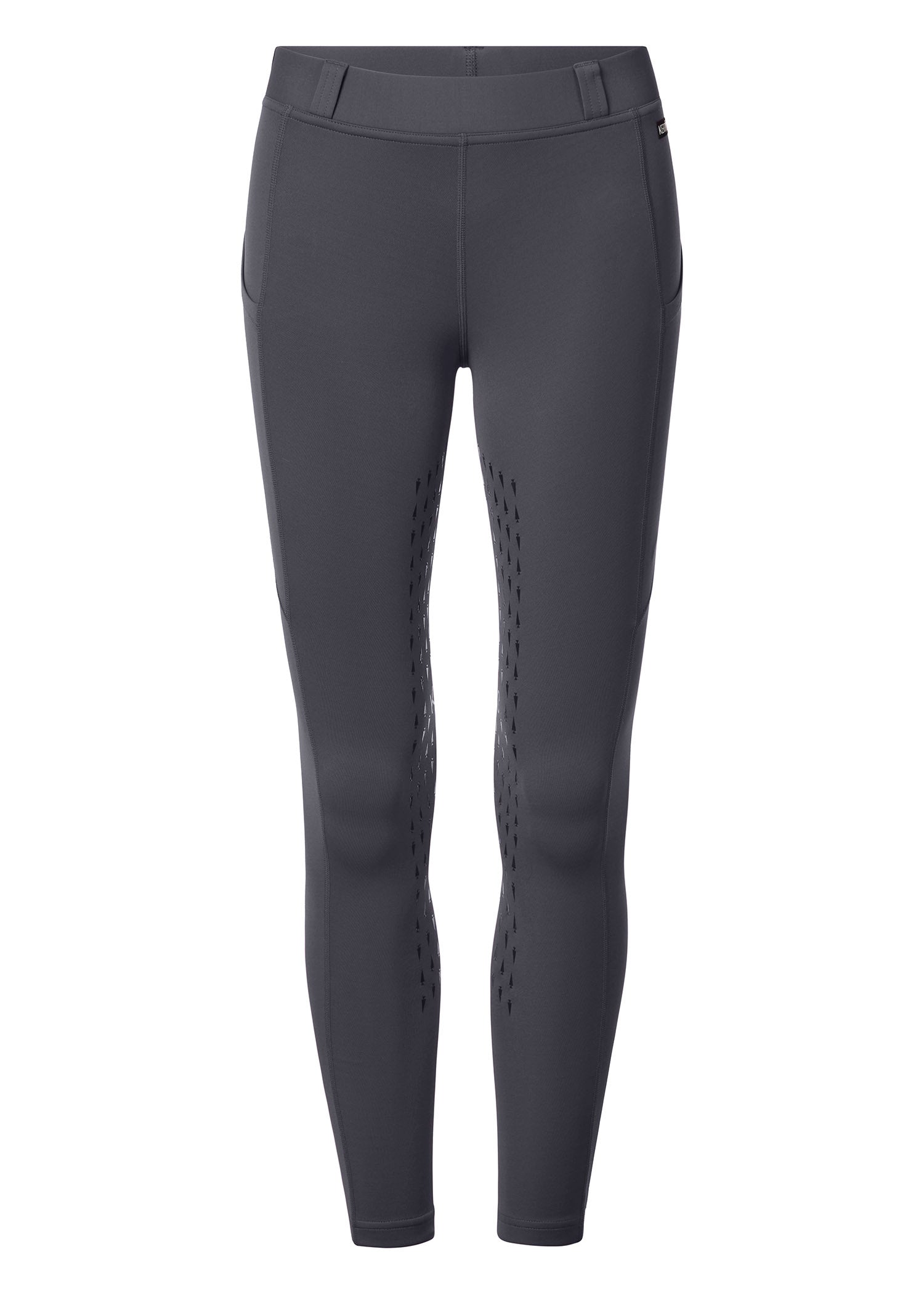 Flat lay of the riding tights, front side up, detailing the full-leg silicone grip and functional elements