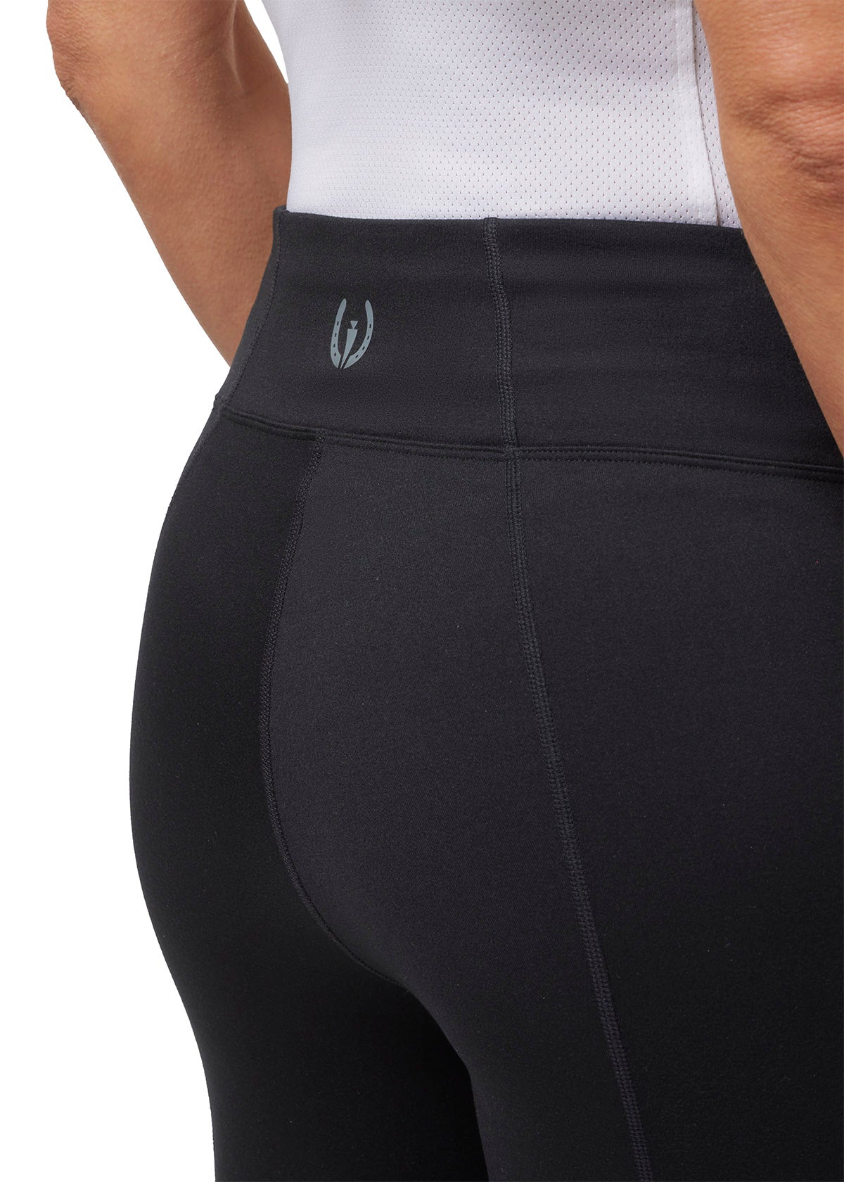 Close-up of the 3-inch wide waistband with power mesh insert on the Free Style Knee Patch Pocket Tight, ensuring a secure and comfortable fit.
