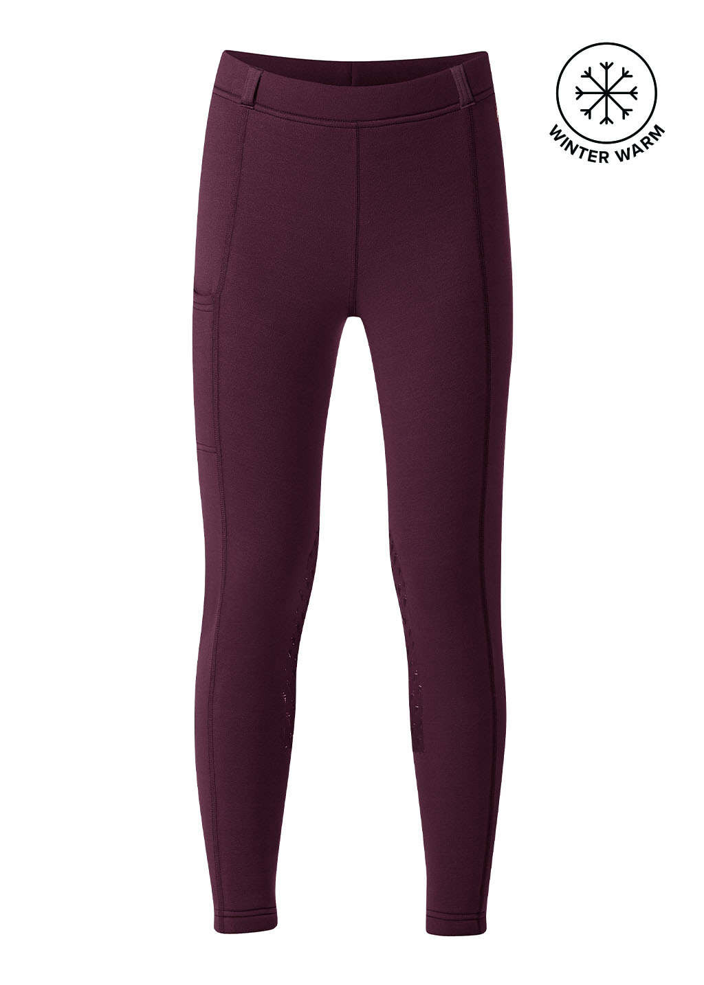 Flat lay of the riding tight, front side up, displaying the silicone knee patches, side pocket, and overall design