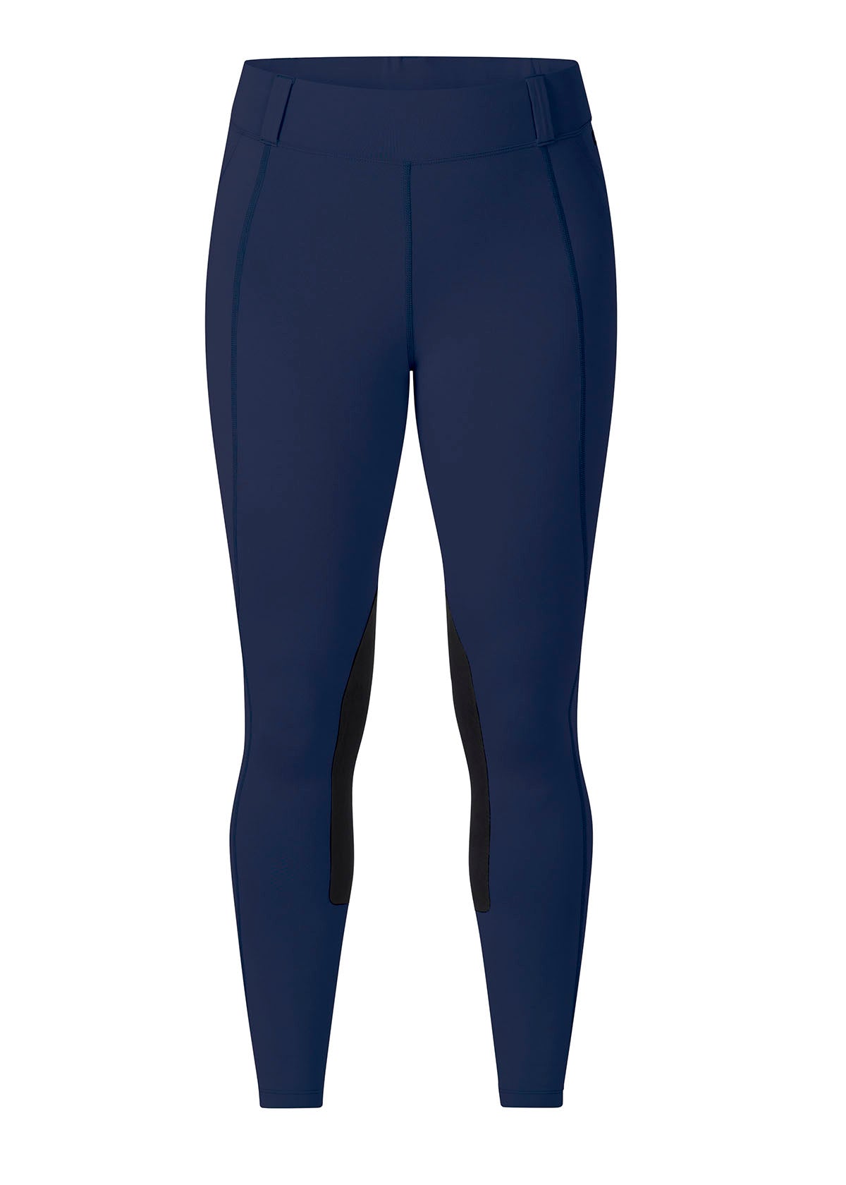 Flat lay of the Performance Knee Patch Pocket Riding Tight in Lapis, presenting the front profile and waistband design.