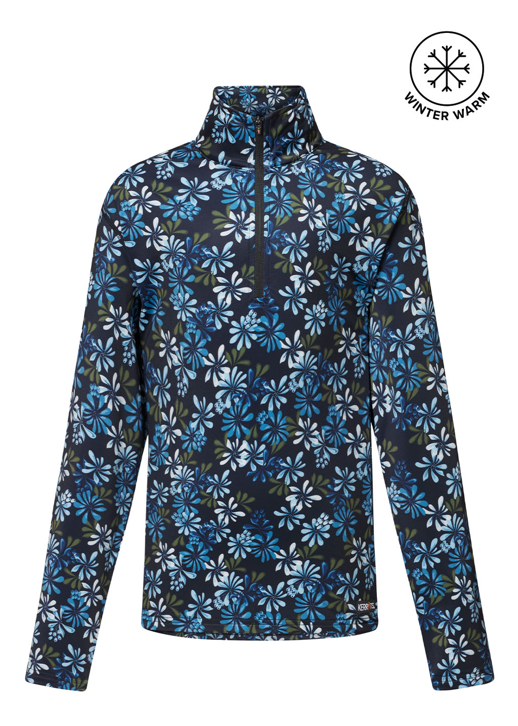 Flat lay of the fleece top, front side up, displaying the equestrian print and quarter-zip collar