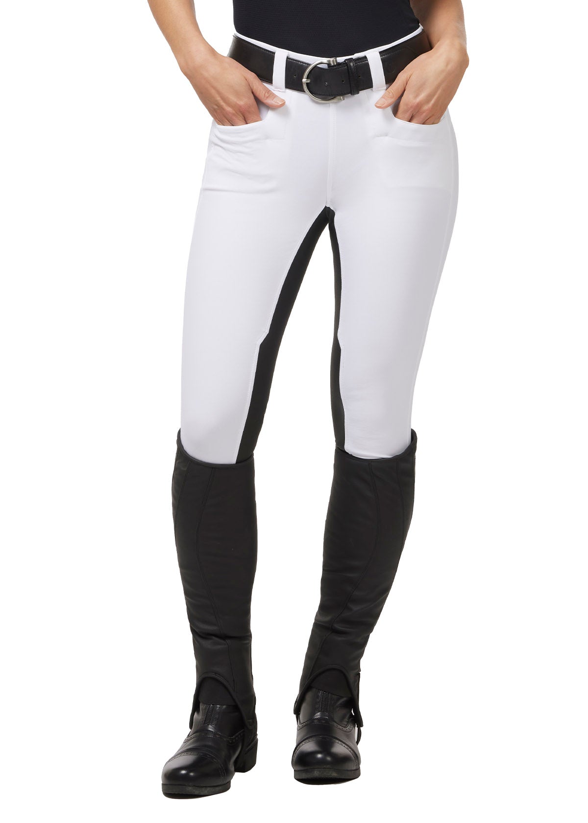 Front view of the Griptek Full Seat Breech in White showcasing the clean lines and ergonomic tailoring.