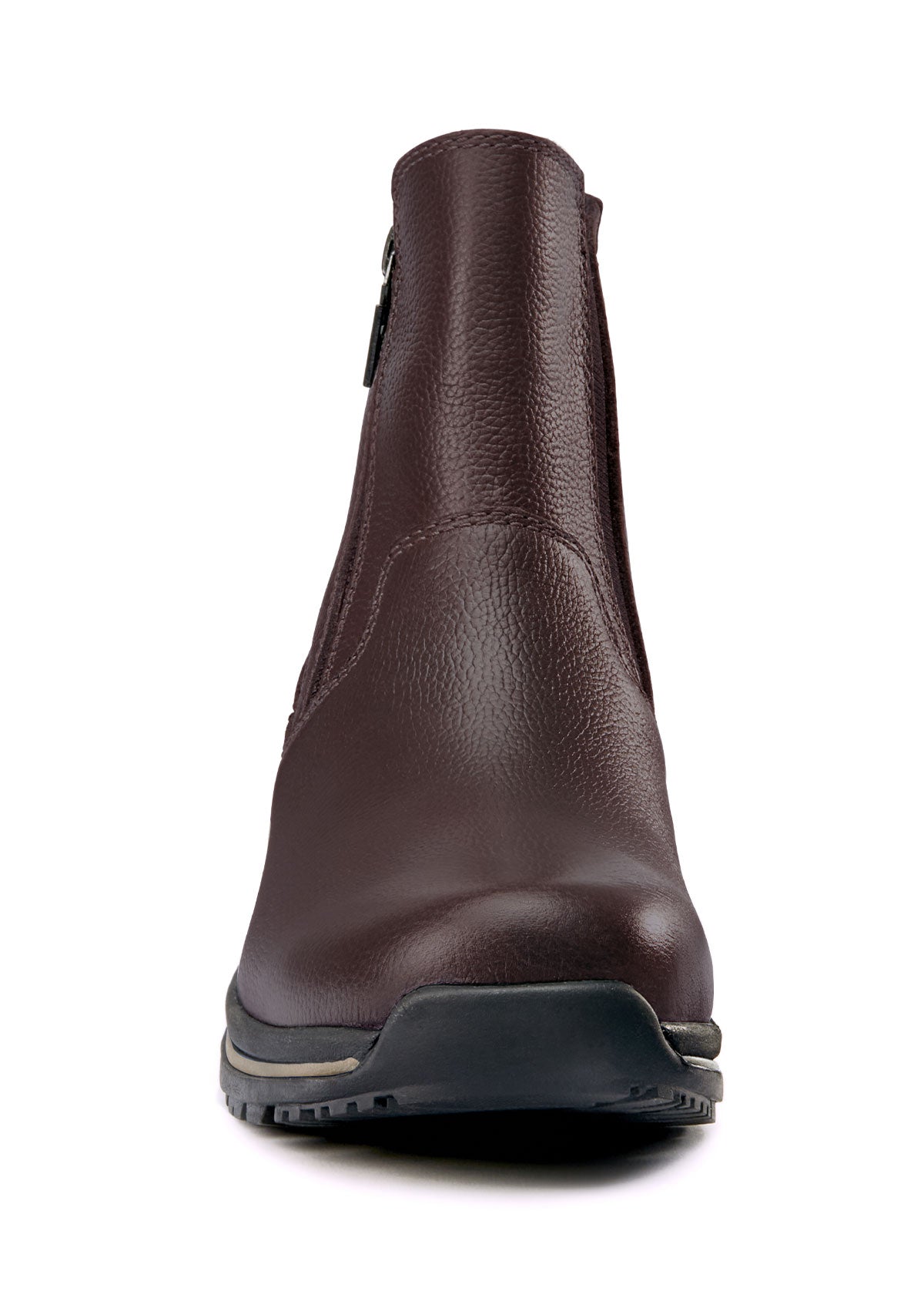 Front view of Woodstock Waterproof Barn Boot in dark bay, featuring pebbled leather upper and spacious toe box
