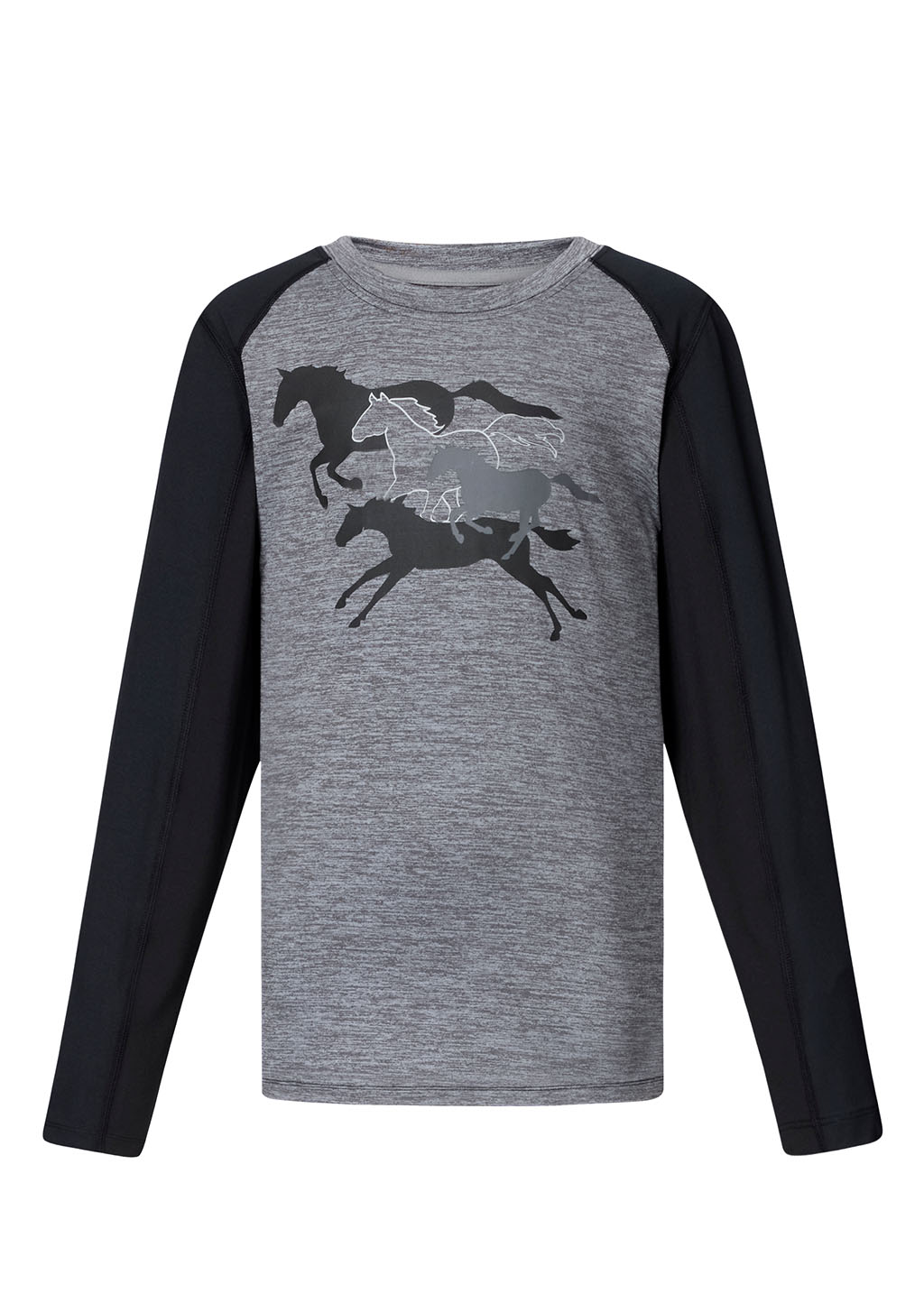 Flat lay of the base layer top, front side up, displaying the horse graphic, full front zip, and inseam pockets