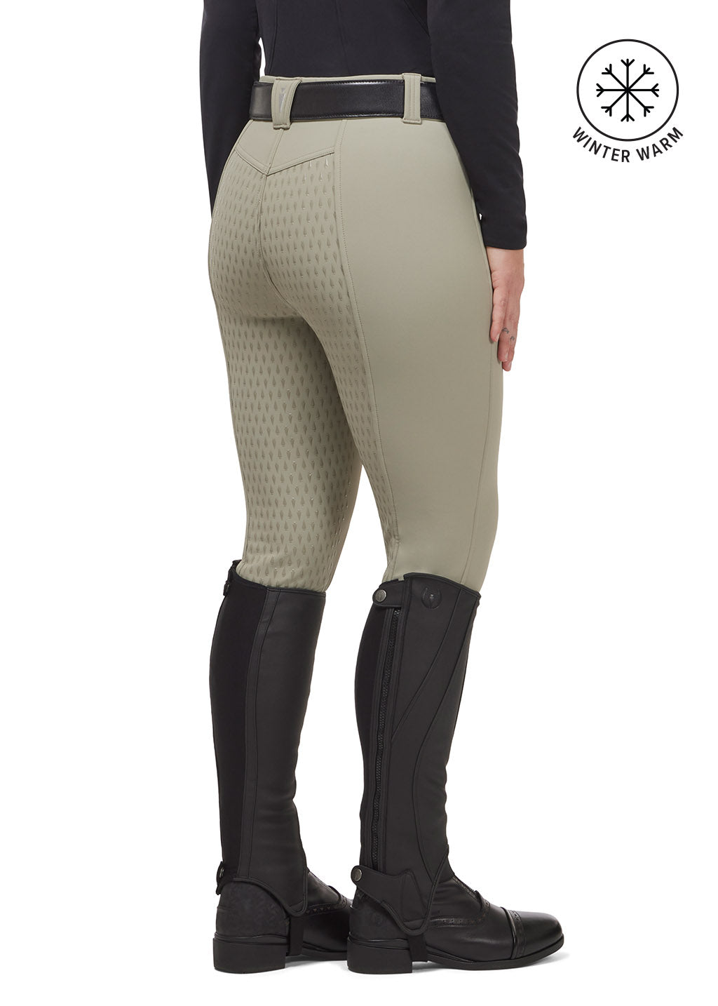 Back view of tan 3-Season Tailored Full Seat Riding Breech, made from winter-weight fabric, showing a tailored fit and a silicone full seat.