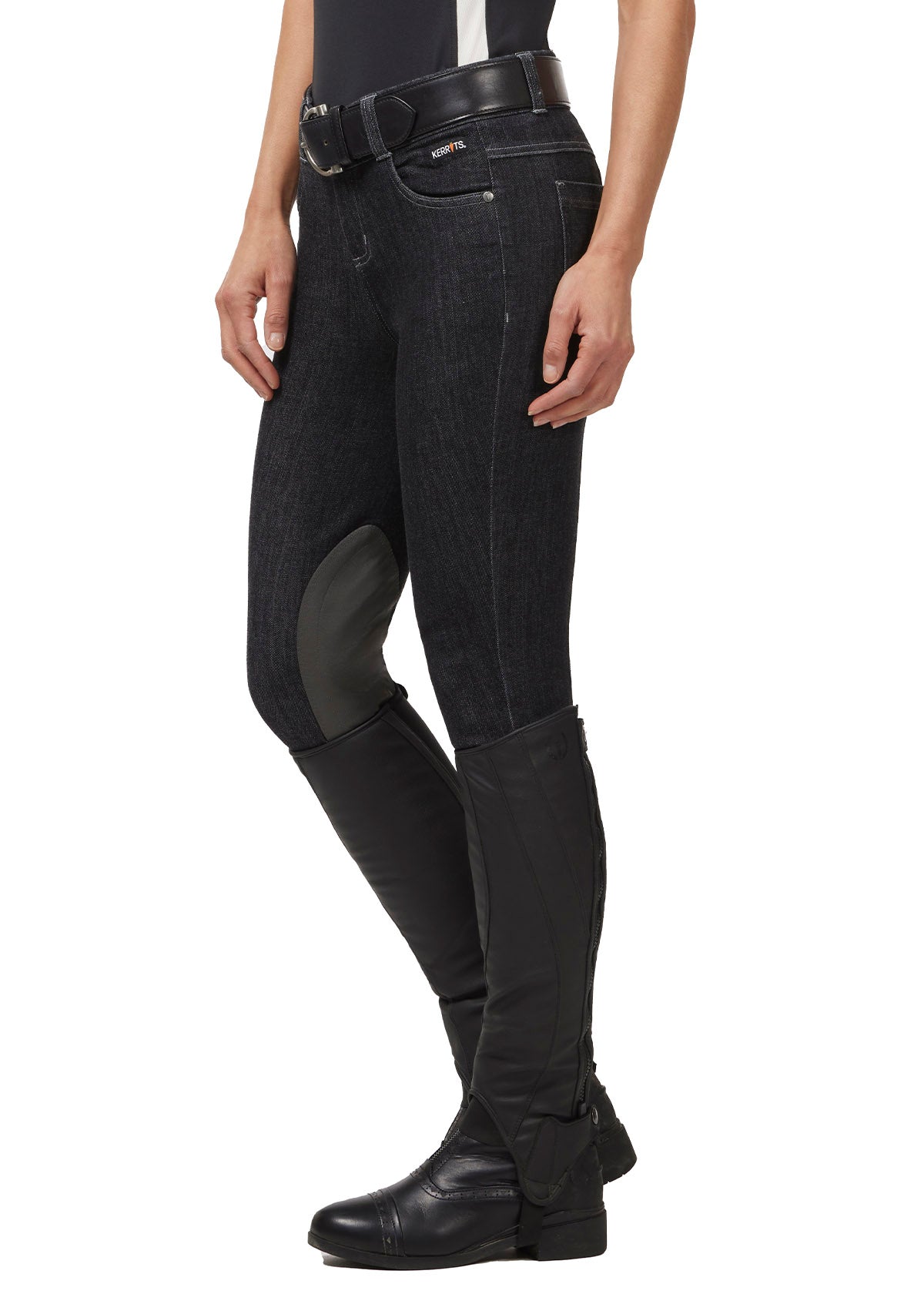 Side view on model of the Stretch Denim Knee Patch Breech, showcasing the GripSoft™ knee patches that provide flexible grip for enhanced riding performance