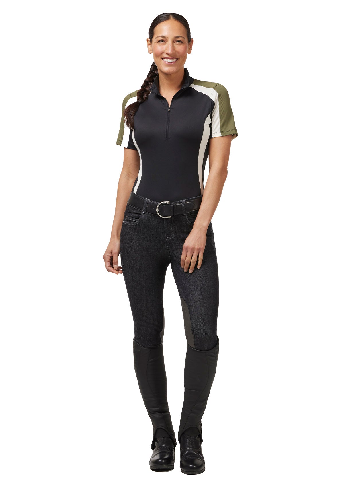 Full body front view on model of the Stretch Denim Knee Patch Breech paired with a short sleeve riding top