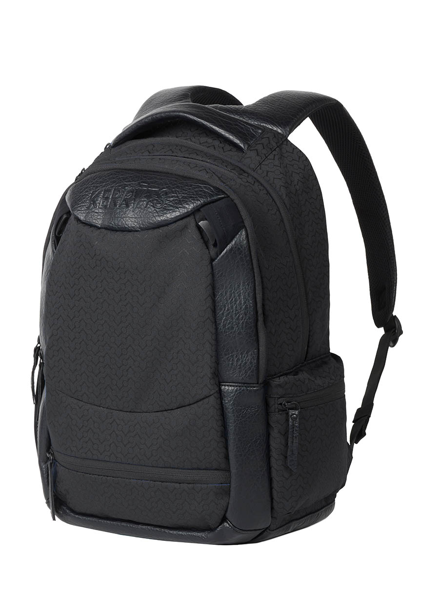 Flat lay of the Kerrits EQ Backpack in black, presenting the front design with organized compartments.