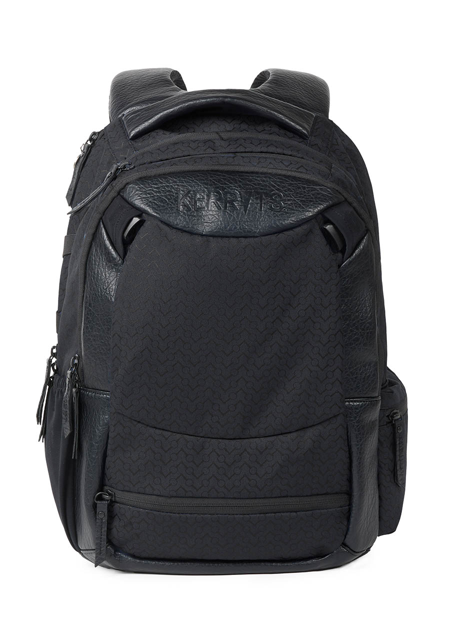 Front view of the Kerrits EQ Backpack in black, showcasing its equestrian-inspired design with multiple storage compartments.