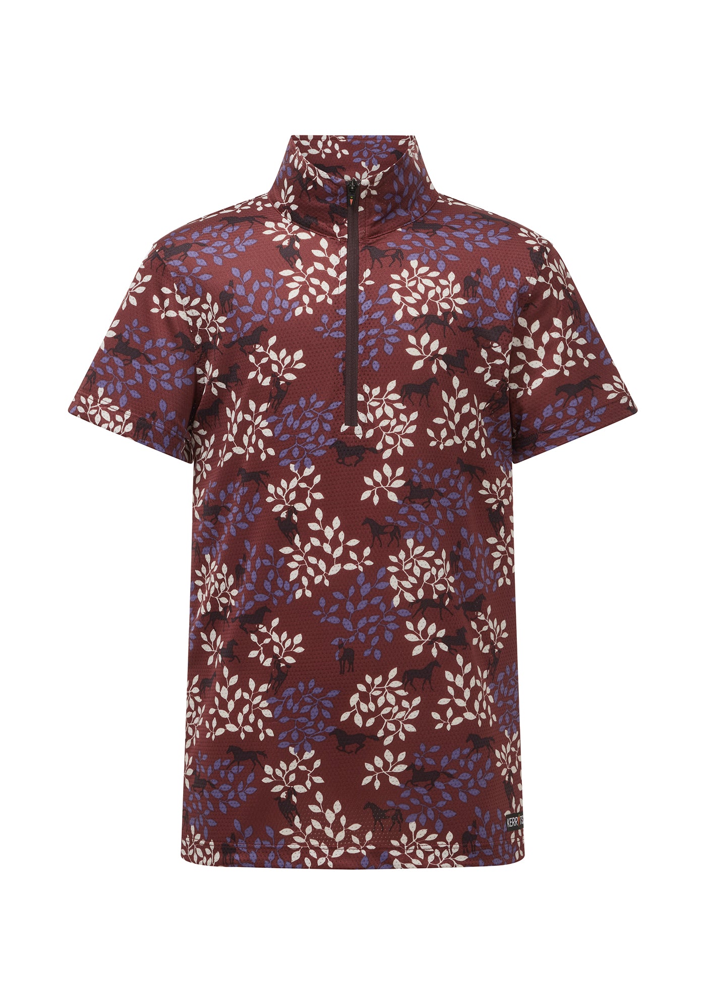 Flat lay of the riding shirt, front side up, showcasing the equine-themed print and design details including the quarter-length zipper