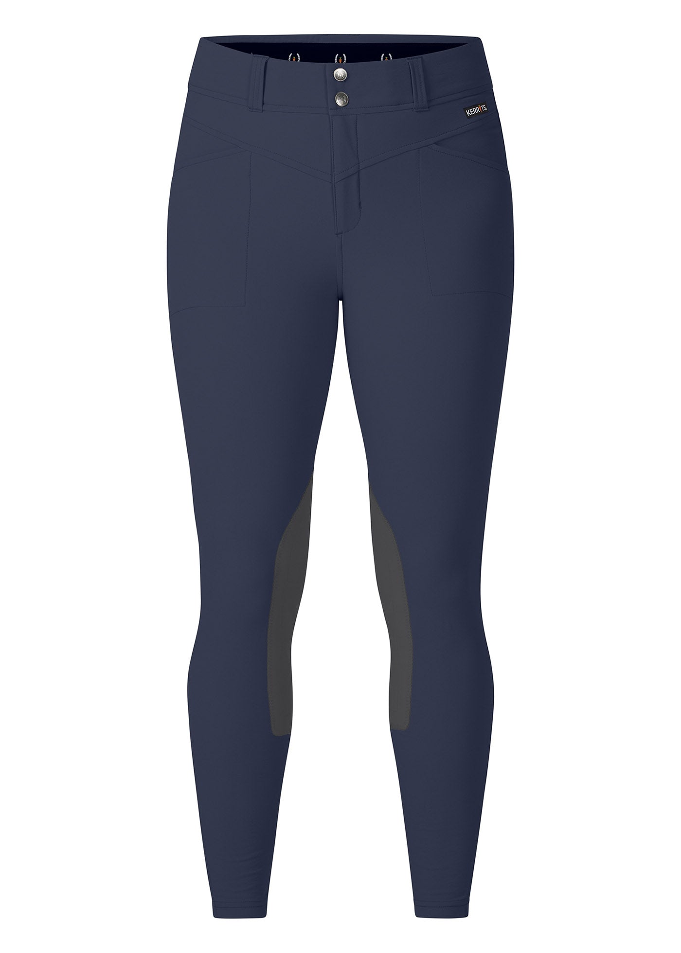 Flat lay of the Crossover II® Knee Patch Riding Breech in Navy, showcasing the two-streamlined front pockets and tailored waistband design.