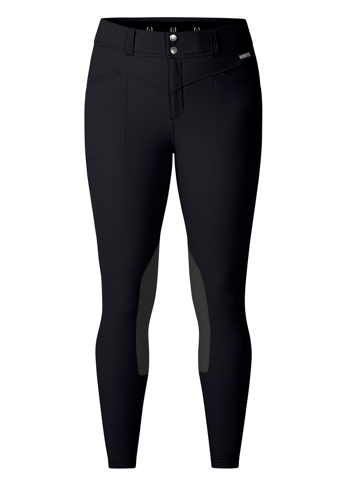 Flat lay of the Crossover II® Knee Patch Riding Breech in Black, showcasing the two-streamlined front pockets and tailored waistband design.