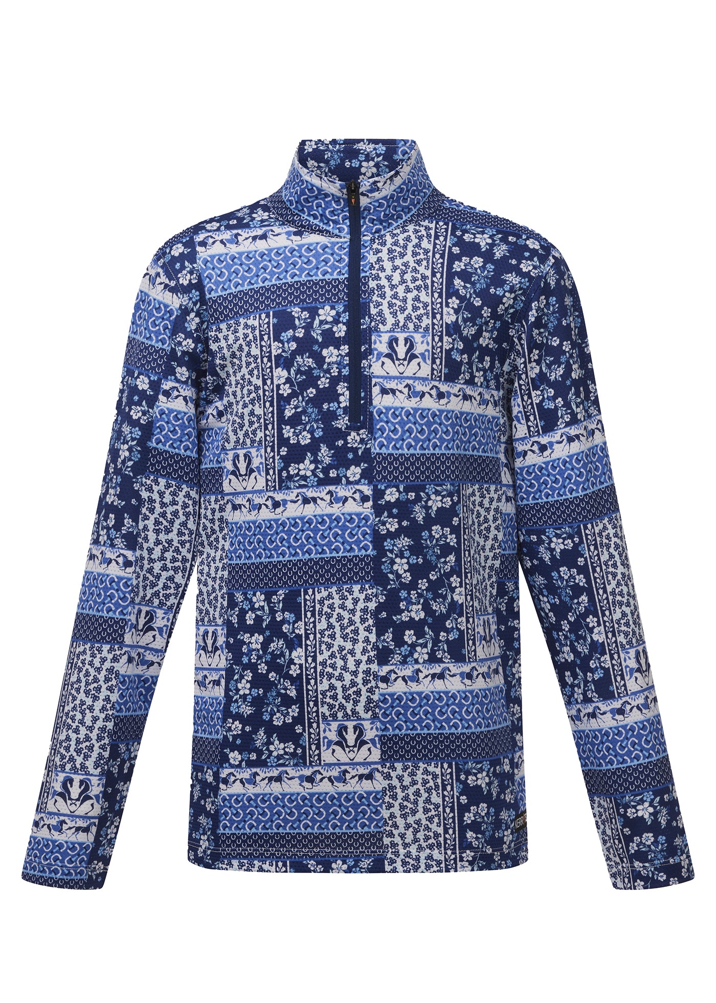 Flat lay of the riding shirt, front side up, showcasing the equine-themed print and design details including the quarter-length zipper