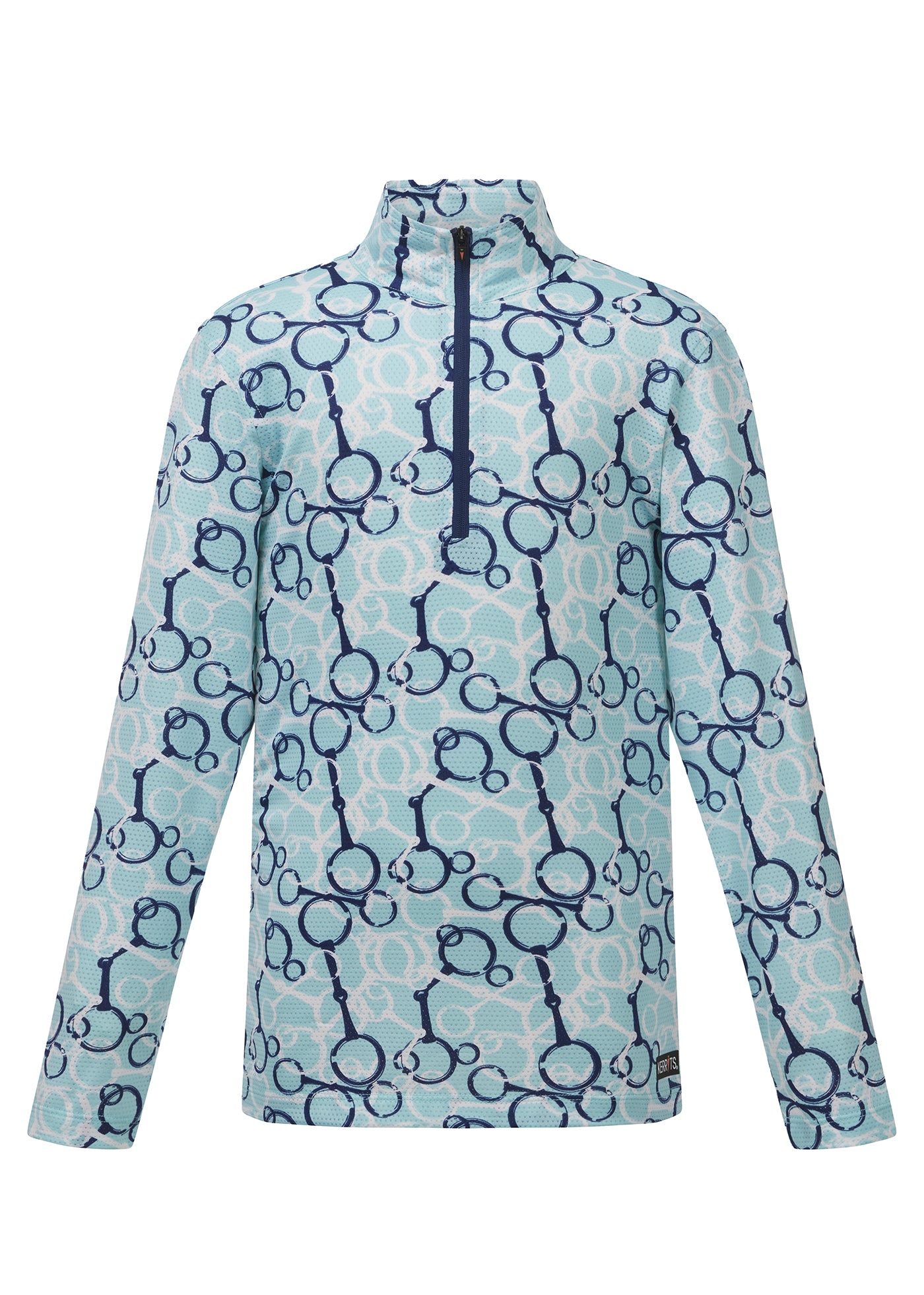 Flat lay of the riding shirt, front side up, showcasing the equine-themed print and design details including the quarter-length zipper