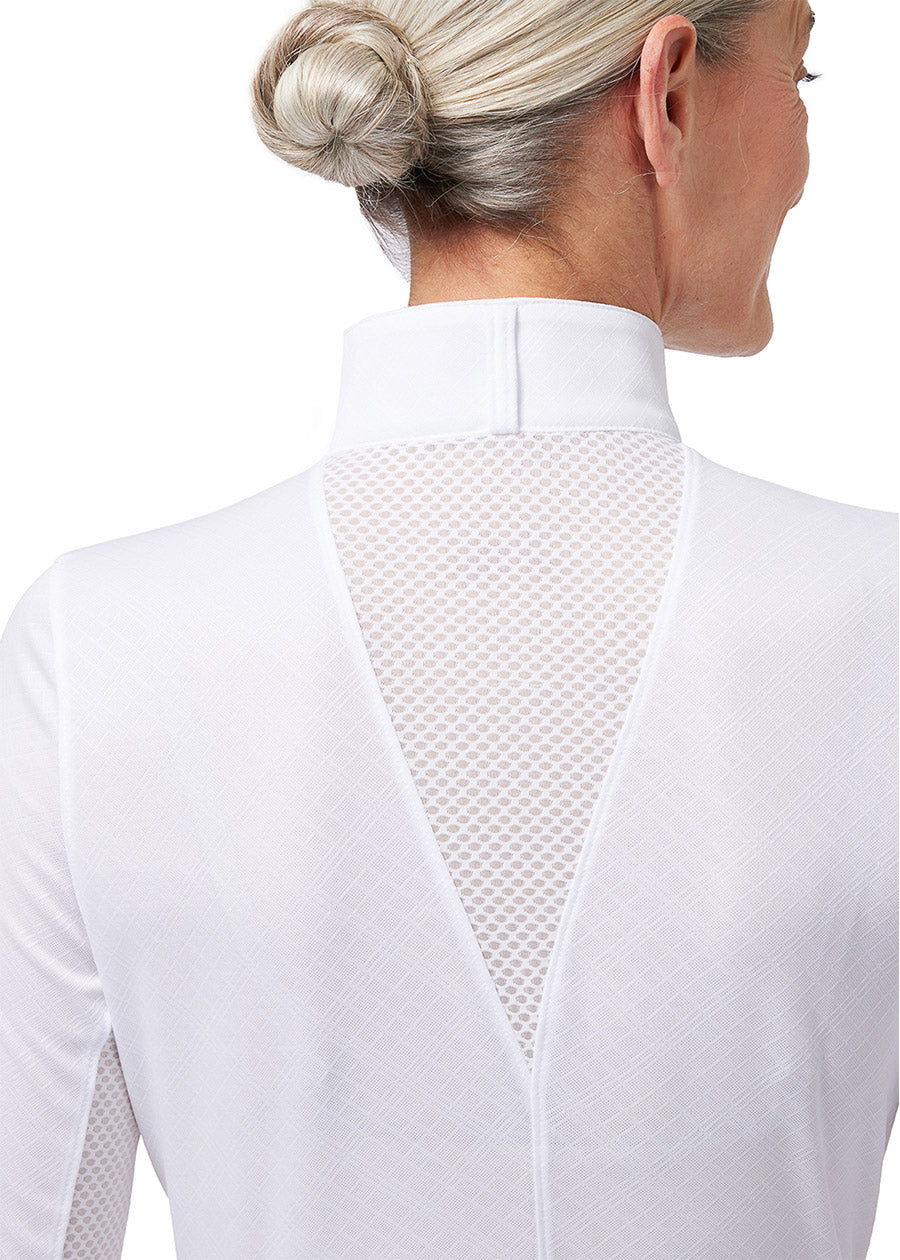 Back view of the Encore Long Sleeve Show Shirt in White, showcasing the mesh panel between the shoulders for enhanced breathability.