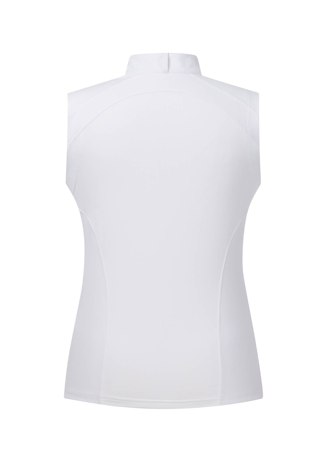 Flat lay of Affinity Pro Sleeveless Show Shirt in white from the back, highlighting the smooth seaming.