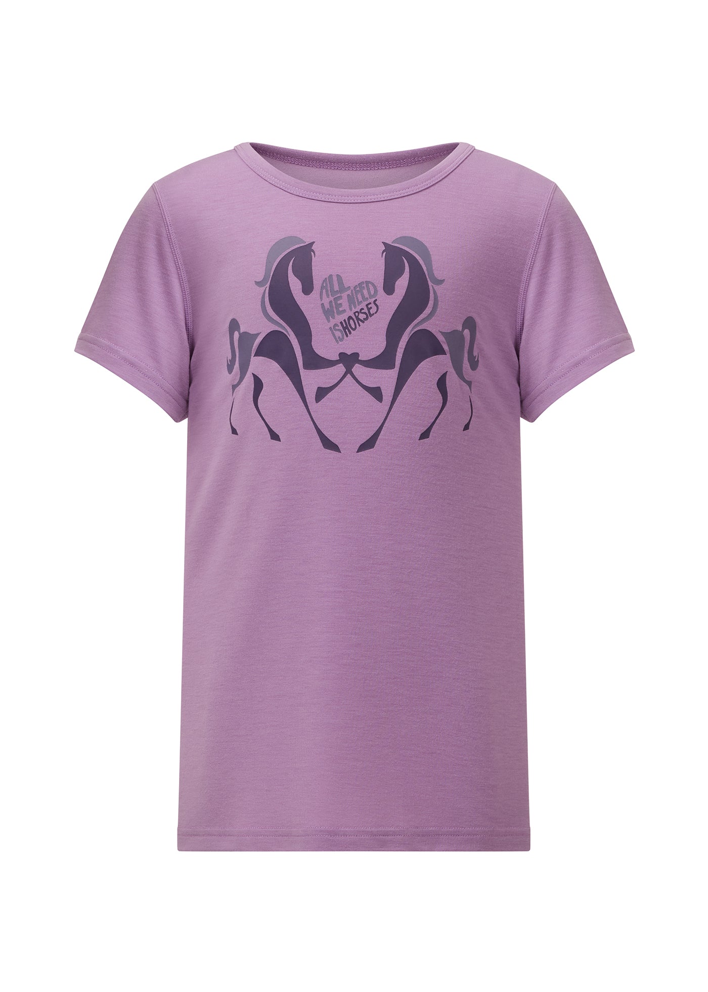 Flat lay of the All We Need Is Horses Tee arranged to showcase the royal crest graphic and the soft fabric texture
