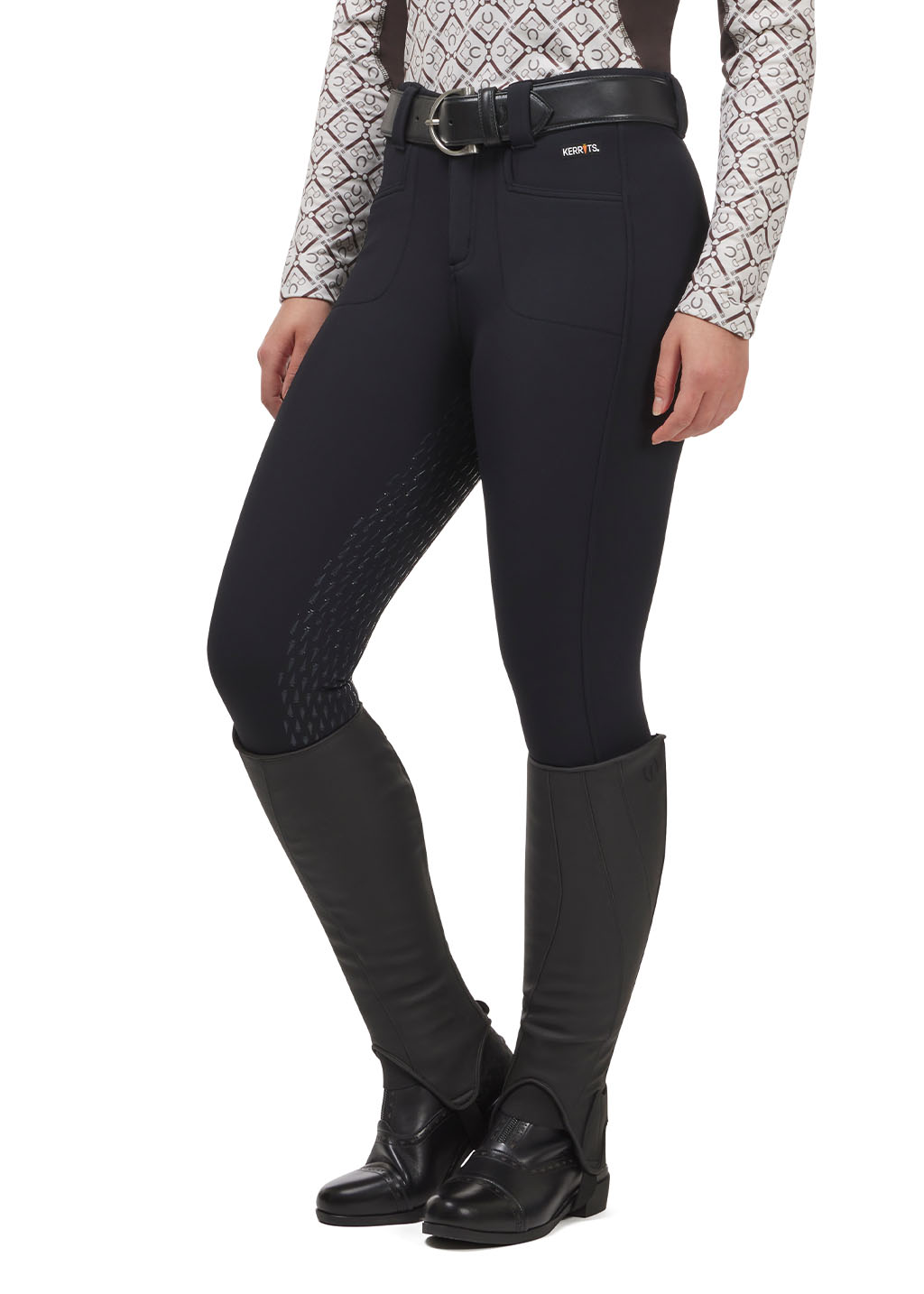 Front view of the black 3-Season Tailored Full Seat Breech showing the silicone grip on the inner leg and 2 front pockets and belt loops.