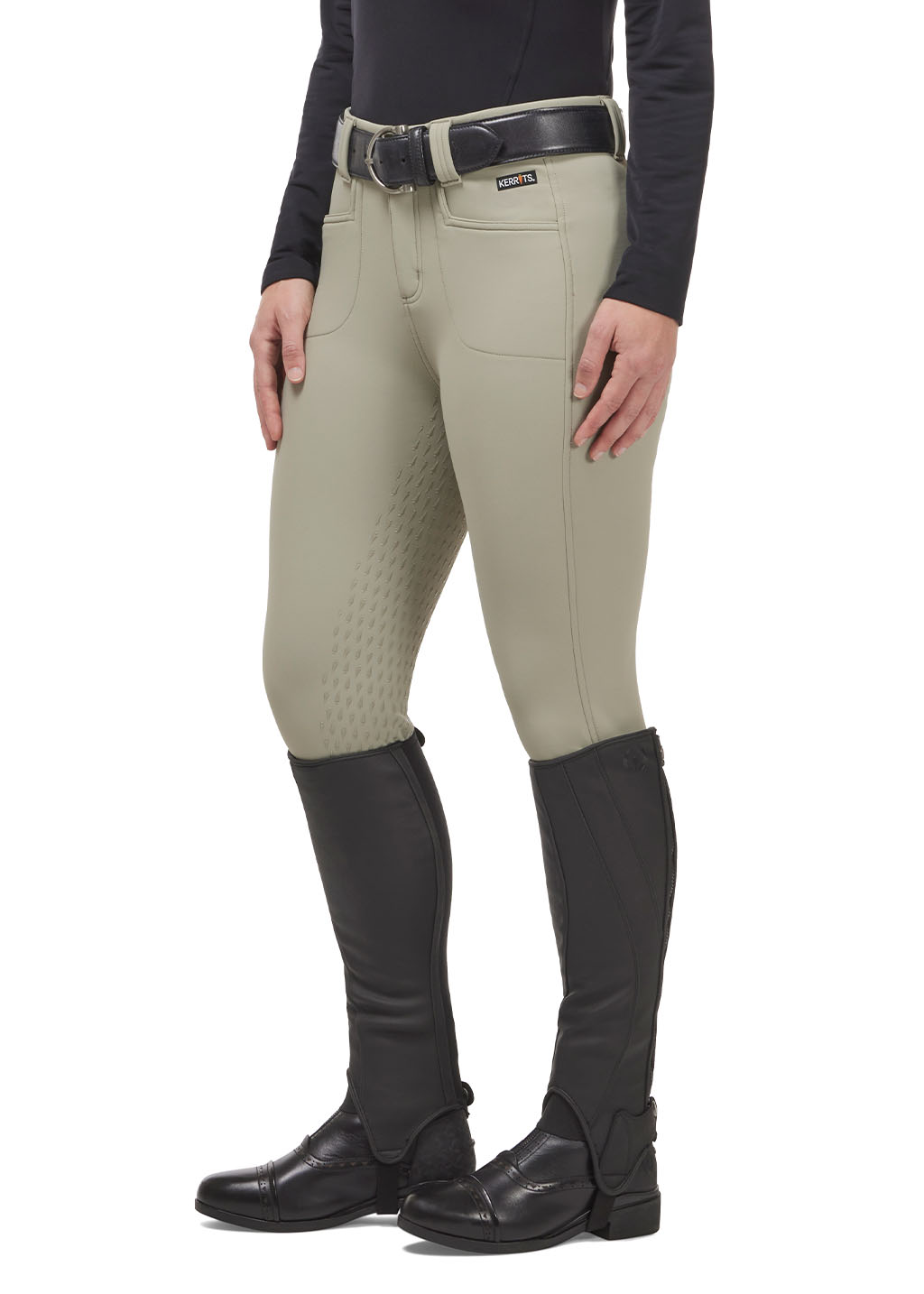 Front view of Tan 3-Season Tailored Full Seat Riding Breeches, highlighting two front pockets, belt loops, and front zipper closure.