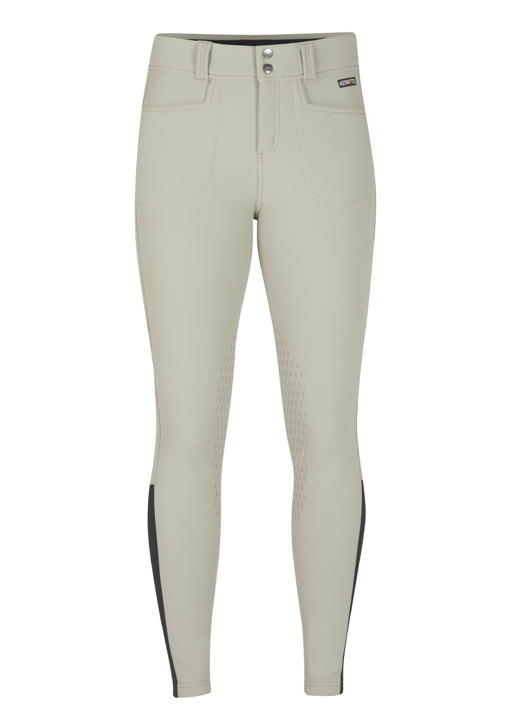 Flat lay of tan 3-Season Tailored Knee Patch Riding Breech on a white background, showcasing the overall classic tailored design of the riding pant.
