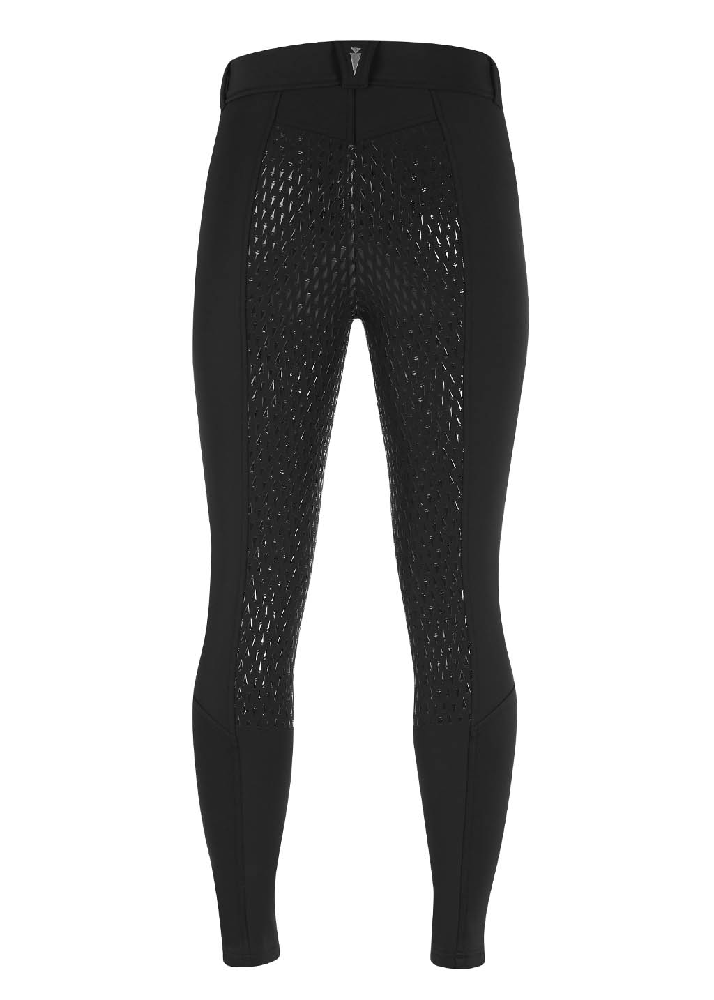 A flat lay of black 3-Season Tailored Full Seat Riding Breeches on a white background showing the silicone full seat grip and overall design of the pant.