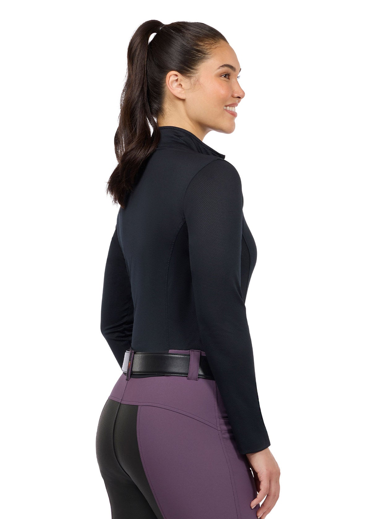 Side view of the Kerrits Ice Fil® Lite Long Sleeve Riding Shirt in Black, displaying the long sleeves and ergonomic seams.