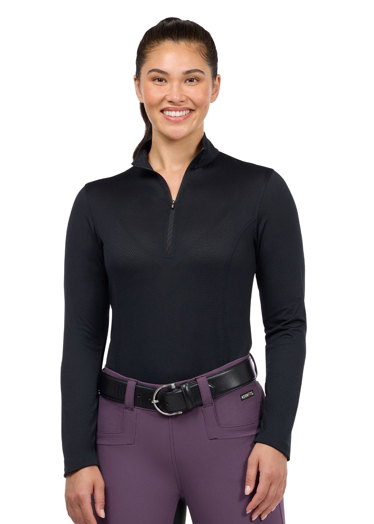 Front view of the Kerrits Ice Fil® Lite Long Sleeve Riding Shirt in Black, featuring a 10-inch zip collar and sporty, feminine fit.
