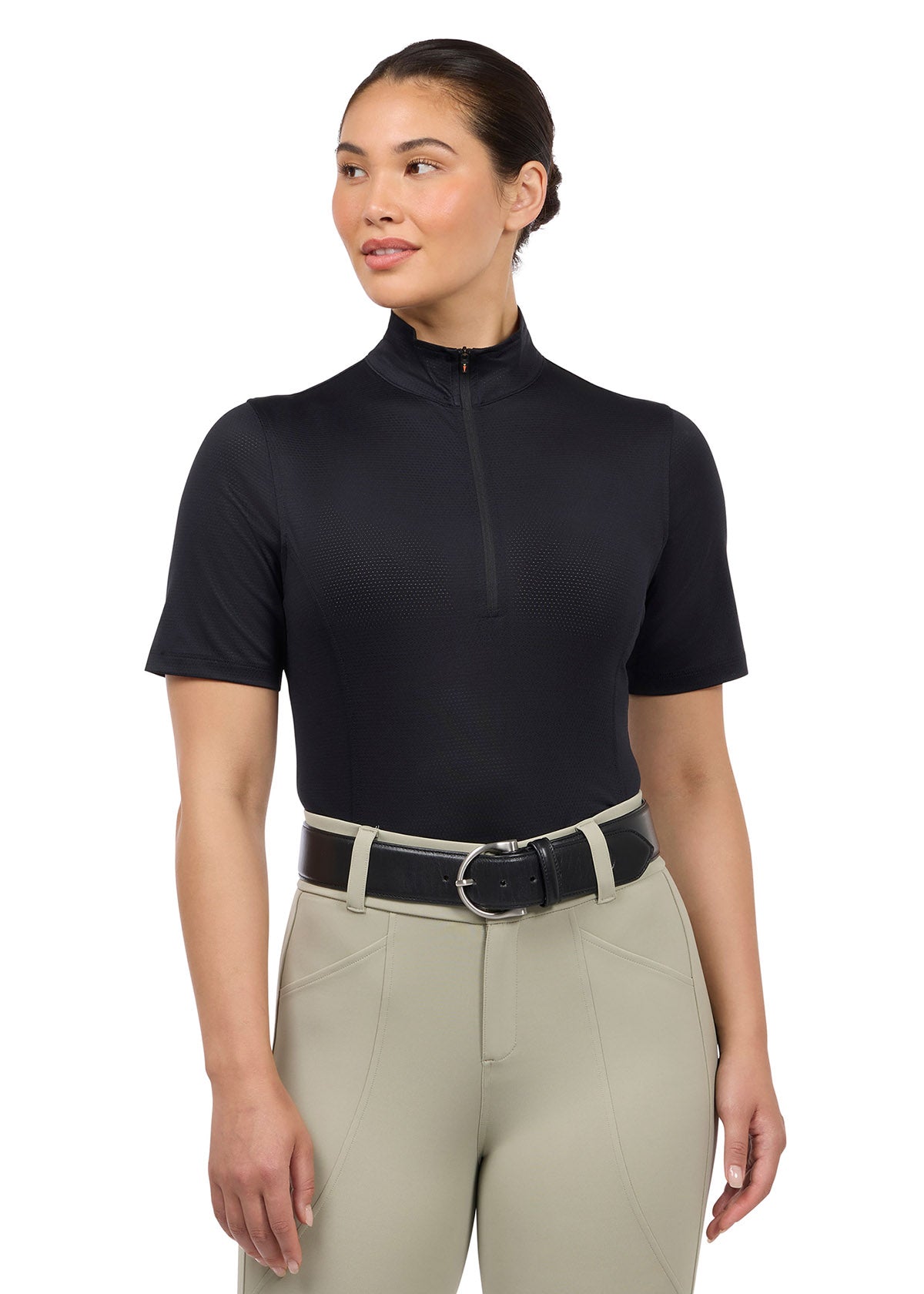 Front view of the Kerrits Ice Fil® Lite Short Sleeve Riding Shirt in Black, featuring a 10-inch zip collar and sporty, feminine fit.