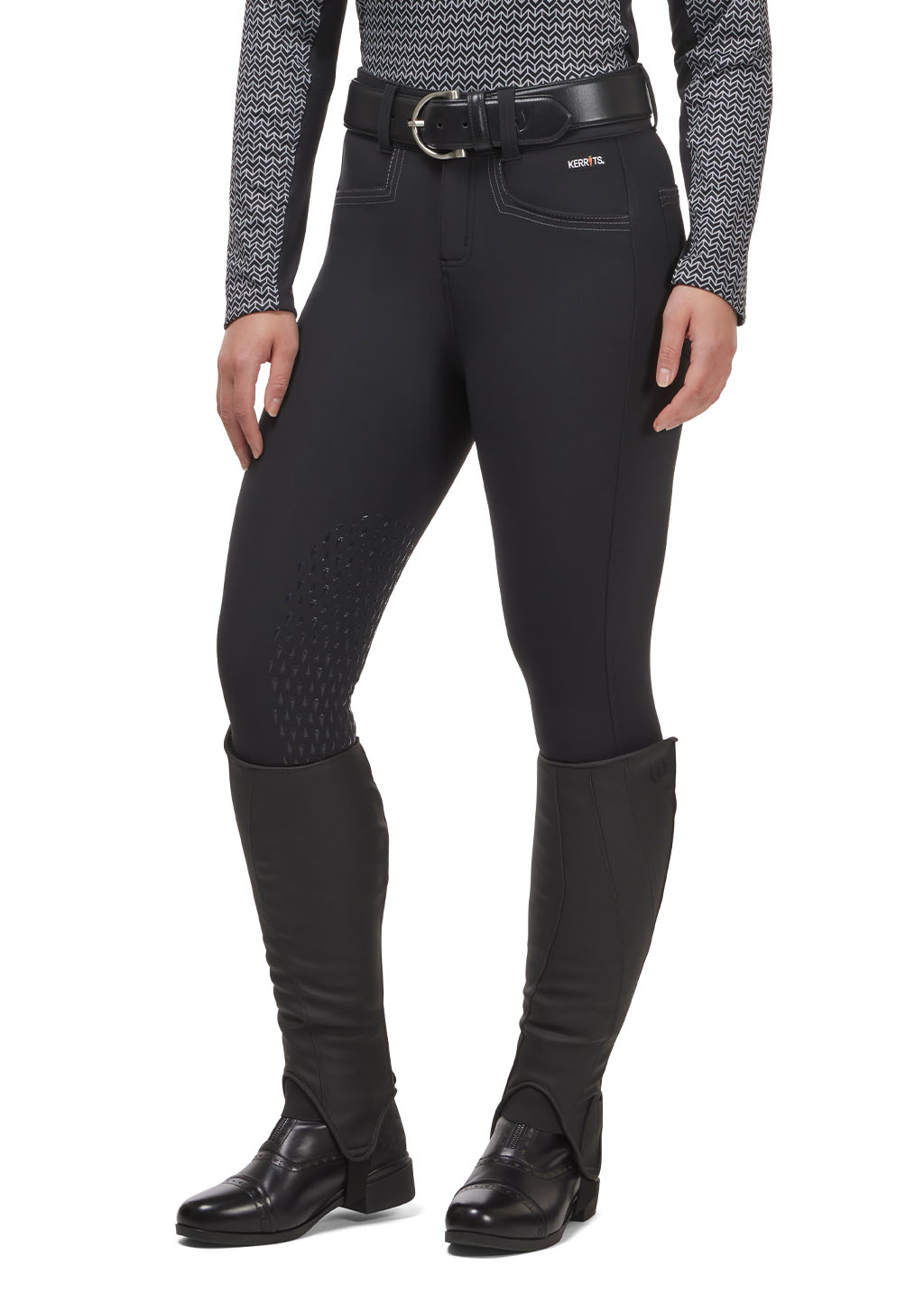 Front view of the Kerrits K-Flex™ Knee Patch Breech in Black, showcasing the sleek, tailored fit and mid-rise waistband.