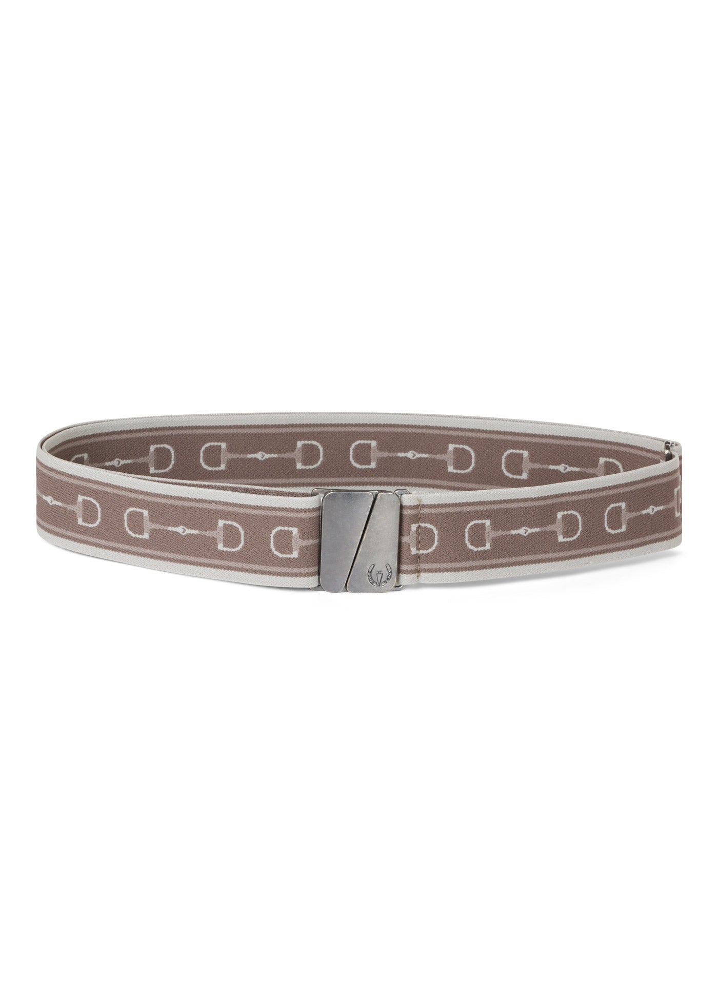 Flat lay of the snaffe stretch belt in antler color, showing the snaffle print that runs all the way around the belt and the metal closure.