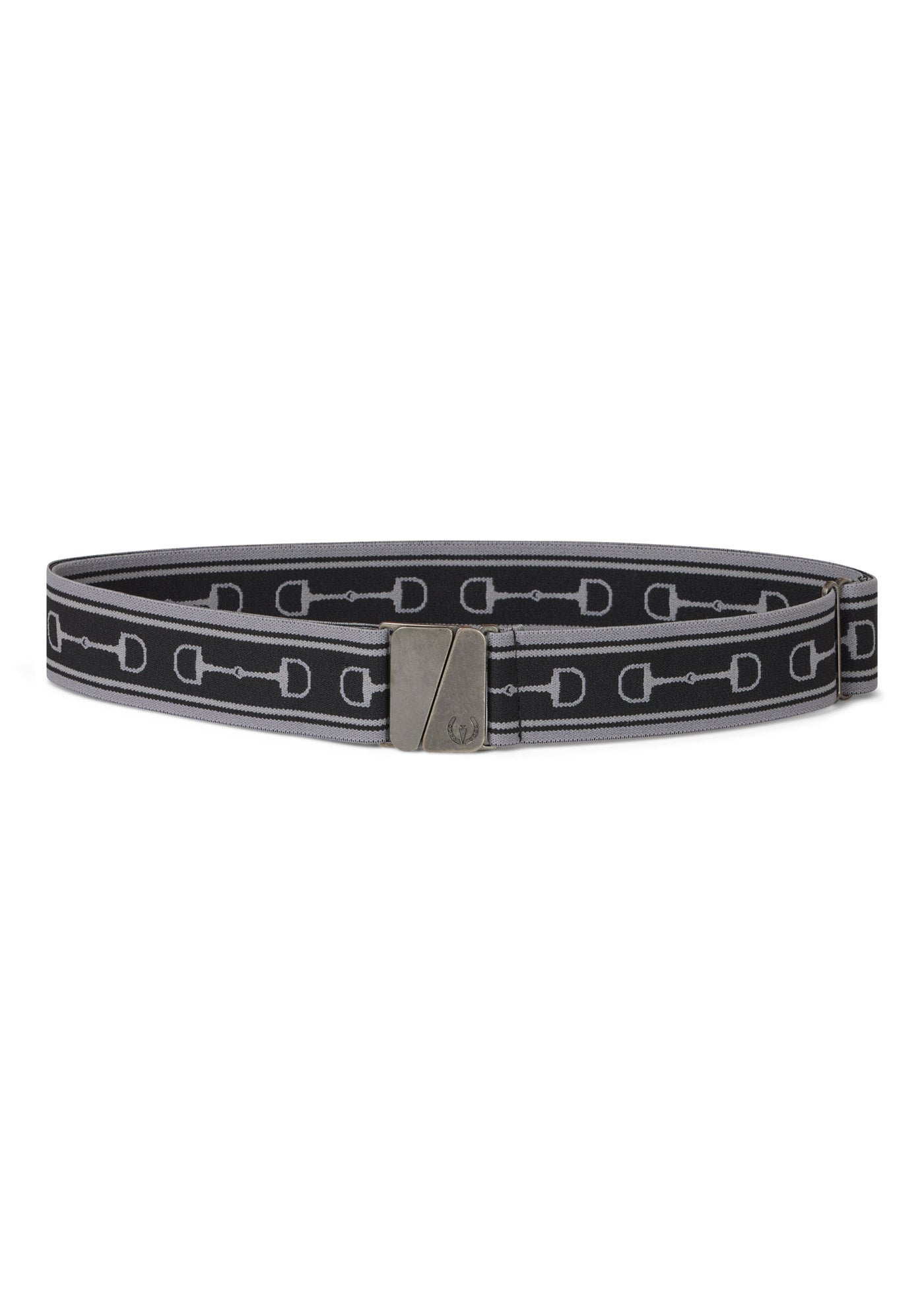 Flat lay of the Snaffle Stretch Belt in Dapple/Black, showing the snaffle bit print detail.