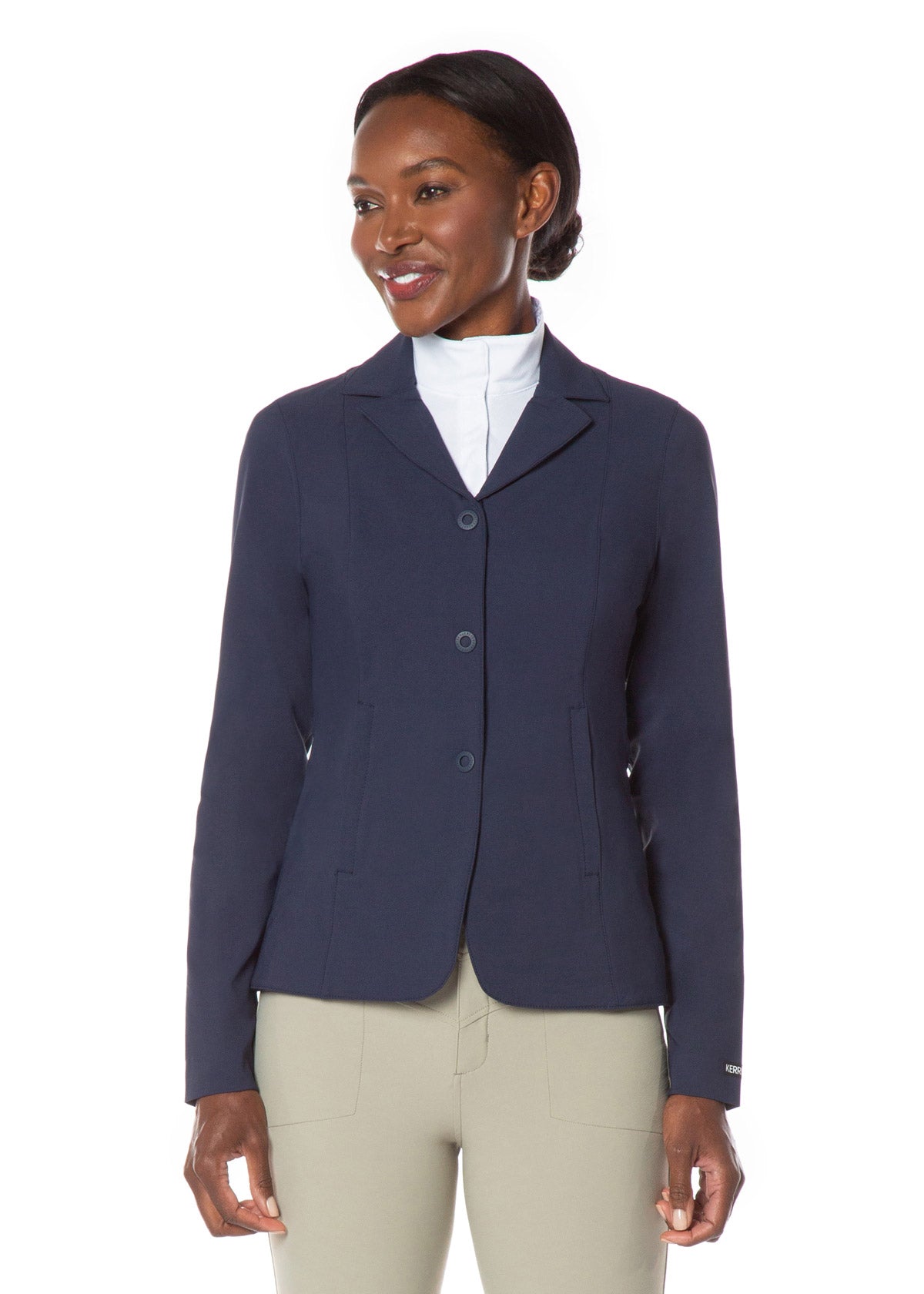 Front view of the Kerrits Stretch Competitor Koat 3-Snap Petite in navy, showcasing the tailored fit and three-snap closure