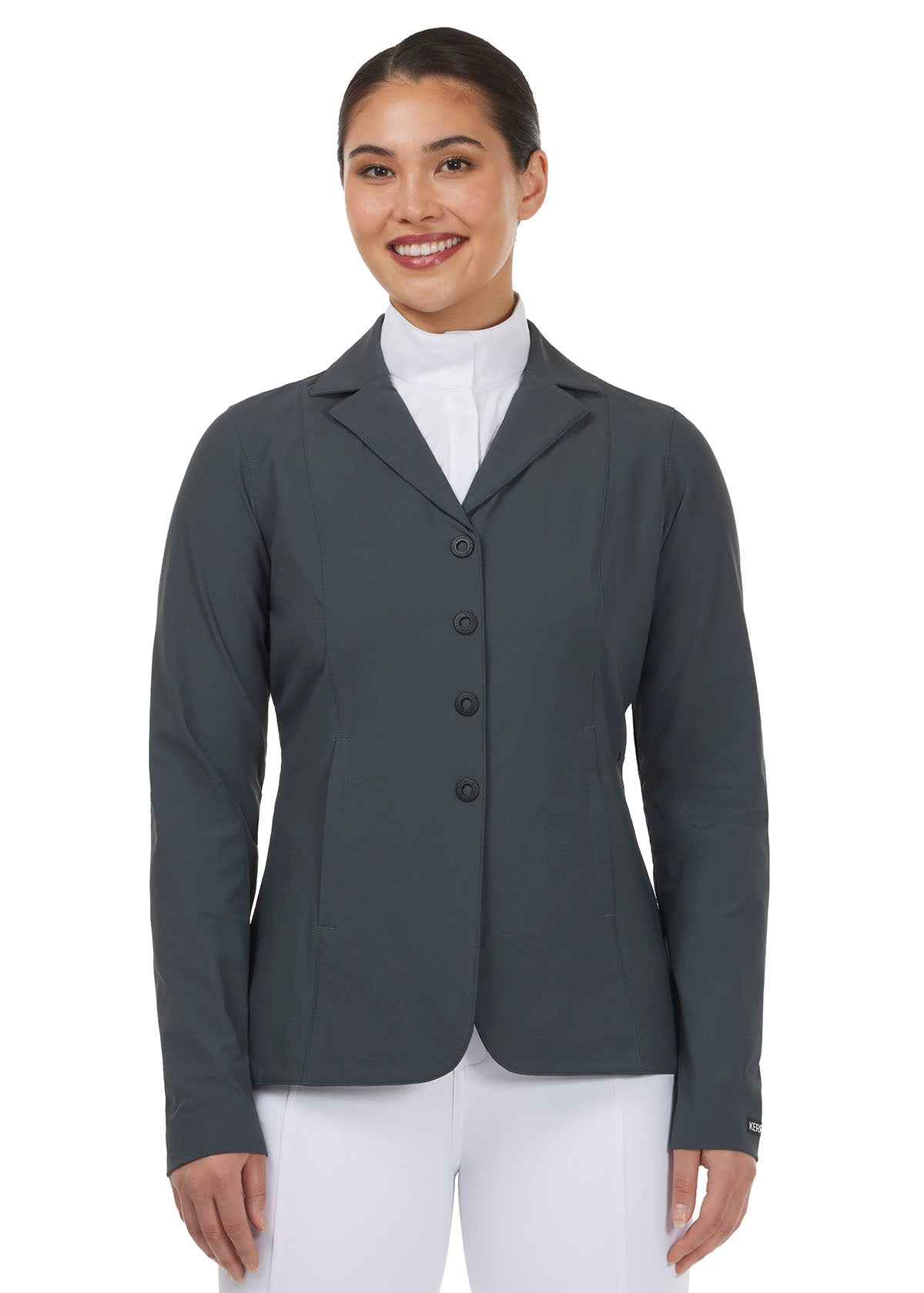 Front view on model of the Stretch Competitor Coat in Pine, featuring a hidden front zipper with snap closures for a smooth, streamlined appearance
