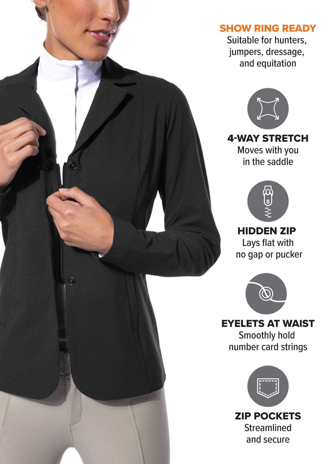 Front view on model of the Stretch Competitor Koat in black, featuring a hidden front zipper with snap closures, eyelets at waist, and zip pockets