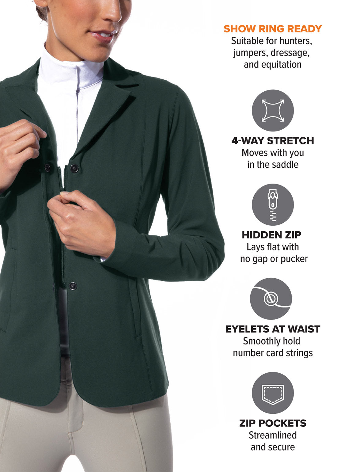 Front view on model of the Stretch Competitor Koat in green, featuring a hidden front zipper with snap closures, eyelets at waist, and zip pockets