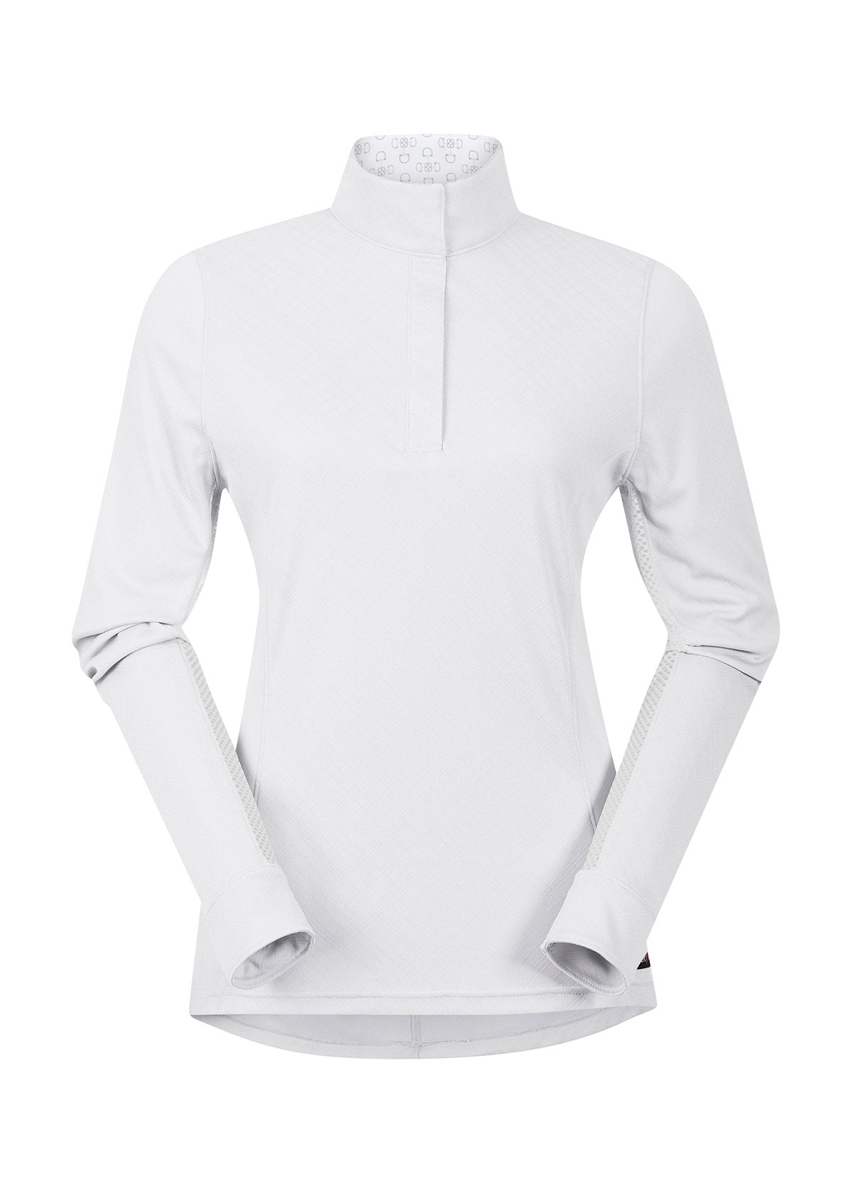 Flat lay of the Encore Long Sleeve Show Shirt in white, showing the front design with a classic collar and button placket.
