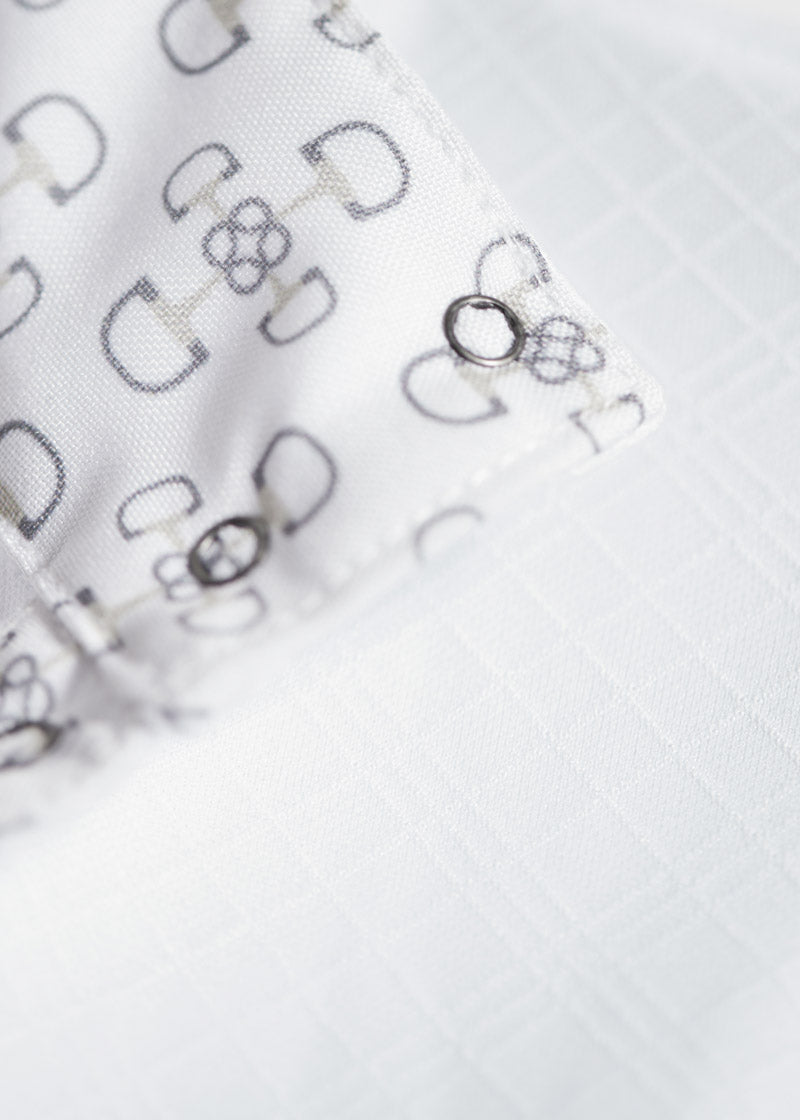 Close-up of the collar area, showcasing the stylish accent with Kerrits Bit of Luck pattern inside the snap collar, adding a hint of color