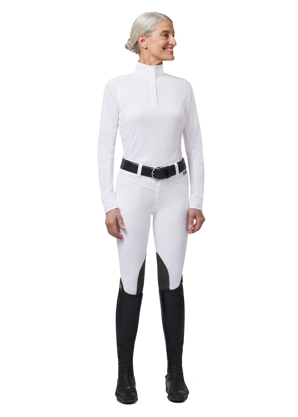 Front view of the Kerrits Petite Encore Long Sleeve Show Shirt, showcasing the tailored fit and quarter-length snap placket