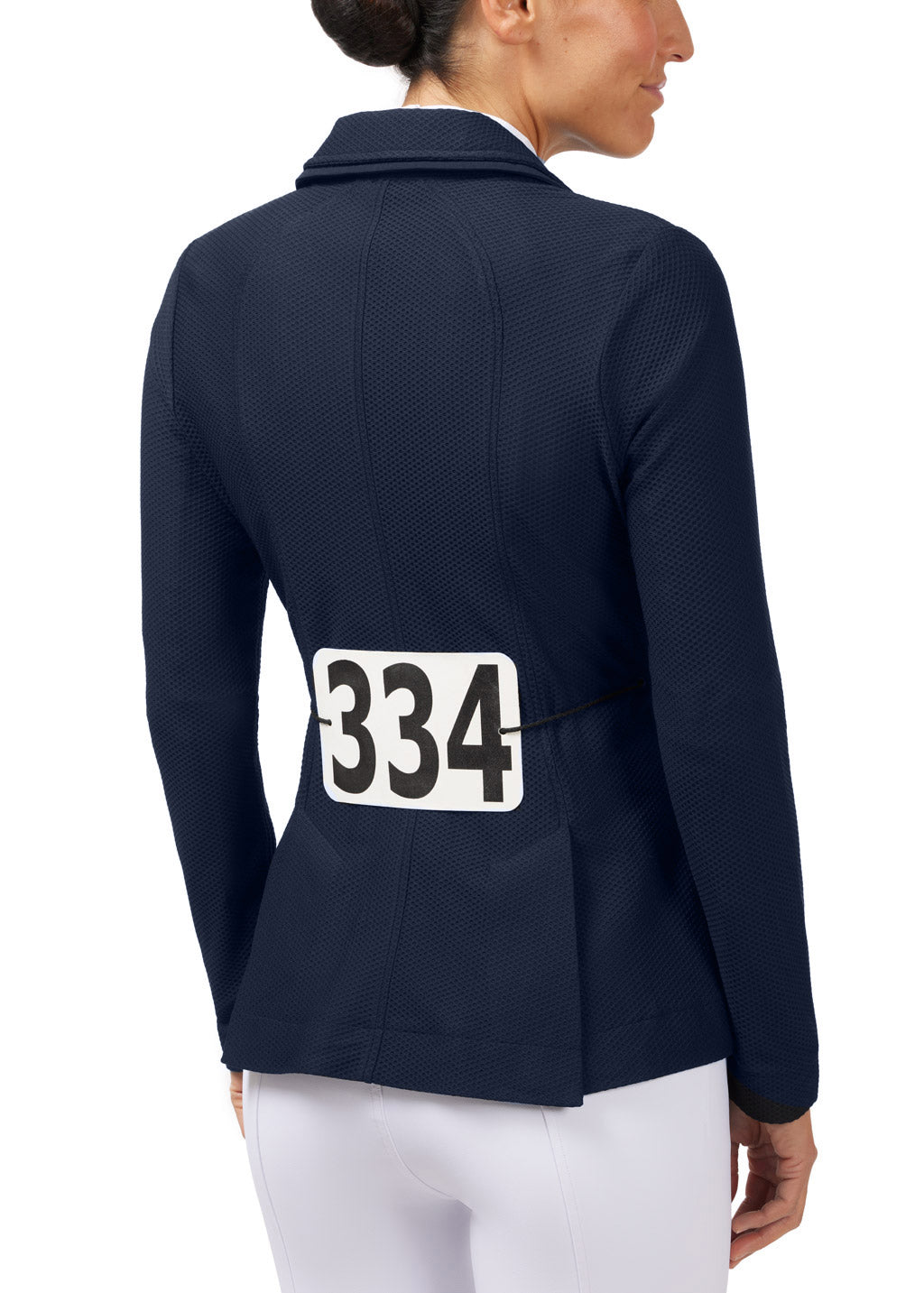 A detail view of the eyelets at waist hold number card strings.