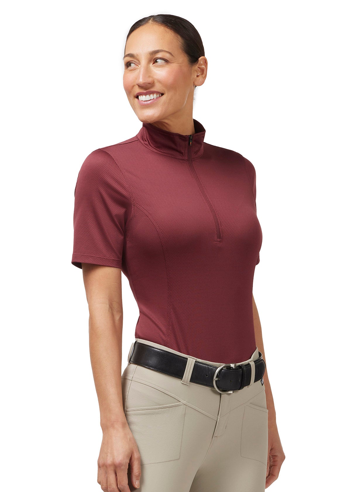 Front view of the Kerrits Ice Fil® Lite Short Sleeve Riding Shirt in Burgundy, featuring a 10-inch zip collar and sporty, feminine fit.