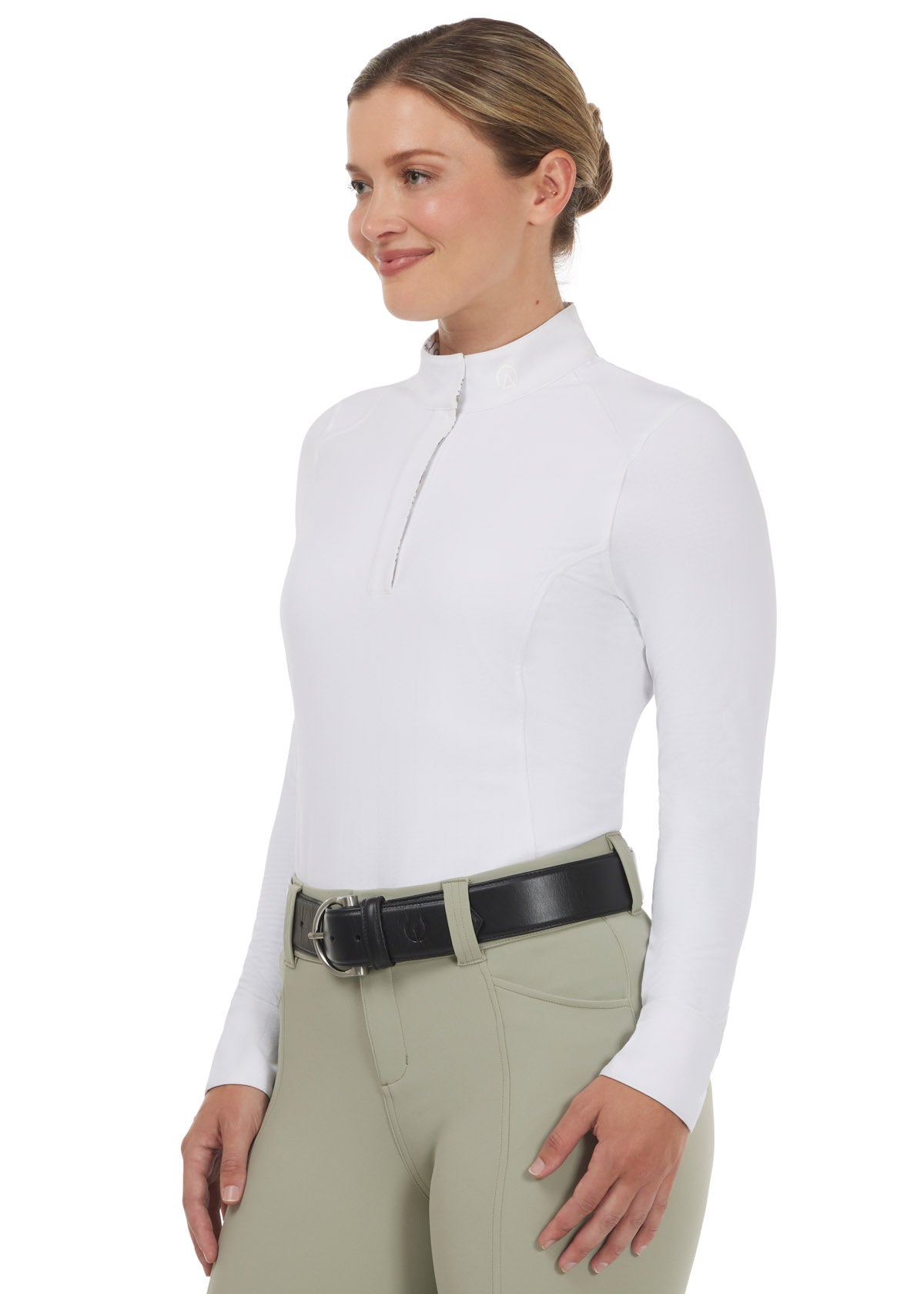 Front view of the Affinity Pro Long Sleeve Equestrian Show Shirt in white featuring a micro-herringbone pattern, quarter-length snap placket, and a crisp stand collar.