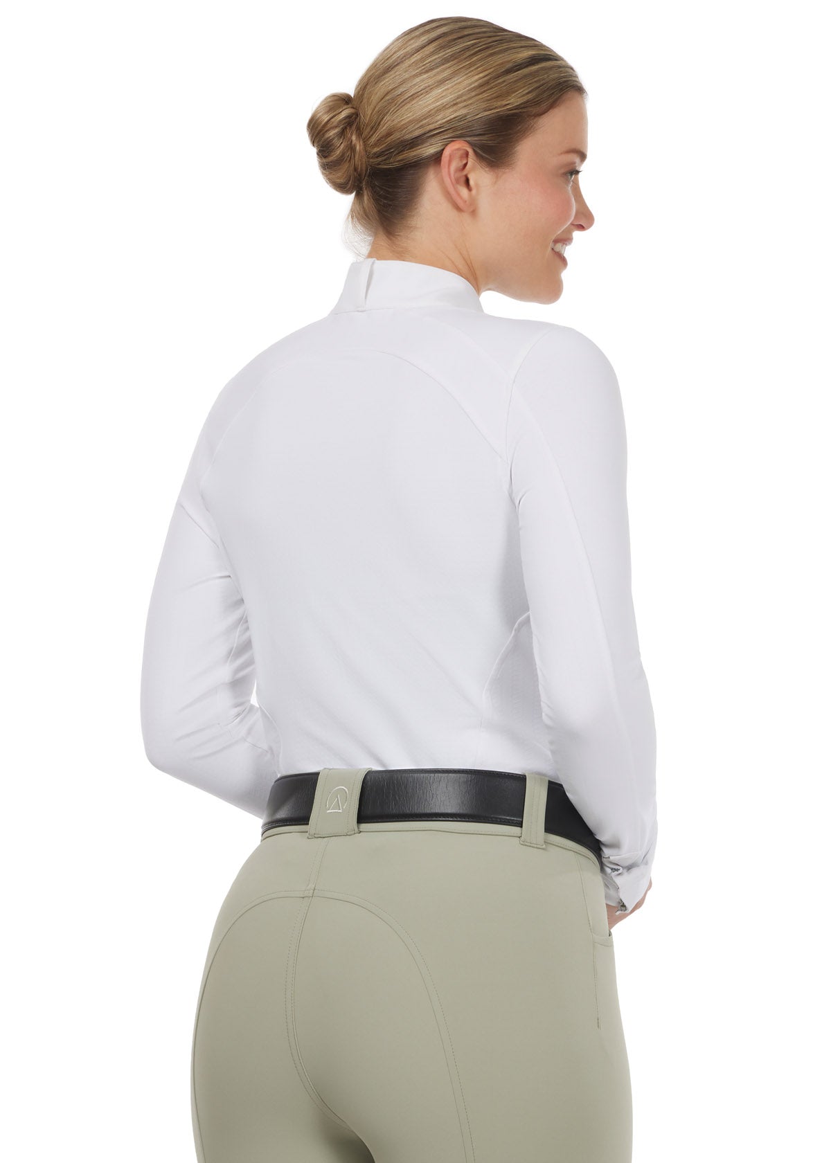 Back view of a white Affinity Pro Long Sleeve Equestrian Show Shirt highlighting the stock tie loop, feminine silhouette and mesh back panel for added breathability.