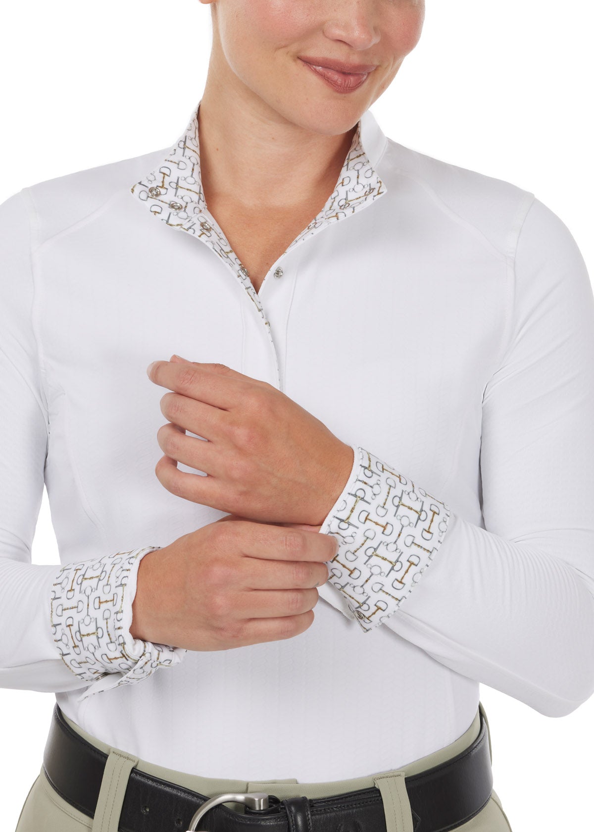 Close-up of the snap cuffs on the white Affinity Pro Long Sleeve Equestrian Show Shirt with contrasting equestrian print inside, allowing the cuffs to be rolled up for versatility.