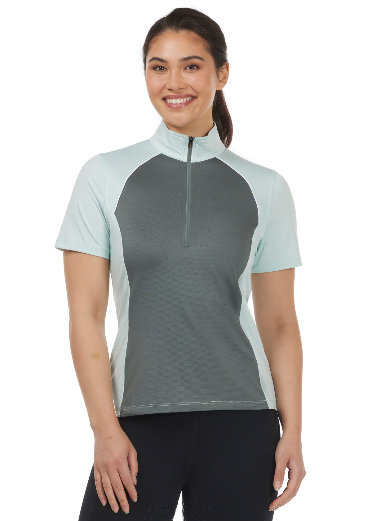 Front view of the Charisma Coolcore Short Sleeve Riding Shirt in Sagestone, featuring a classic collar with stock tie loop, tonal panels, and white piping accents for a crisp, classic look.