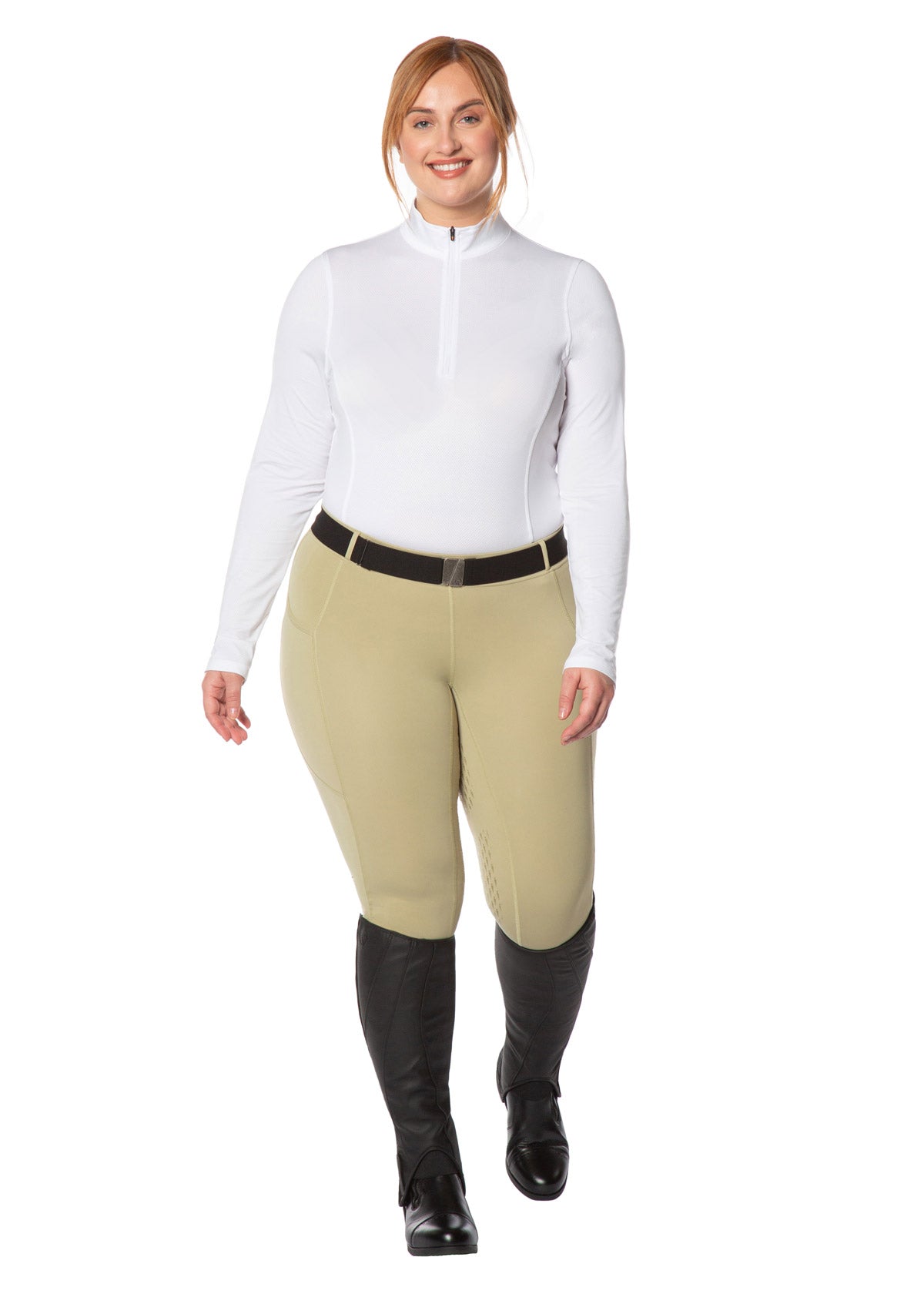 Model wearing the Kerrits Ice Fil® Lite Long Sleeve Riding Shirt in White, highlighting the sporty fit and zip collar.