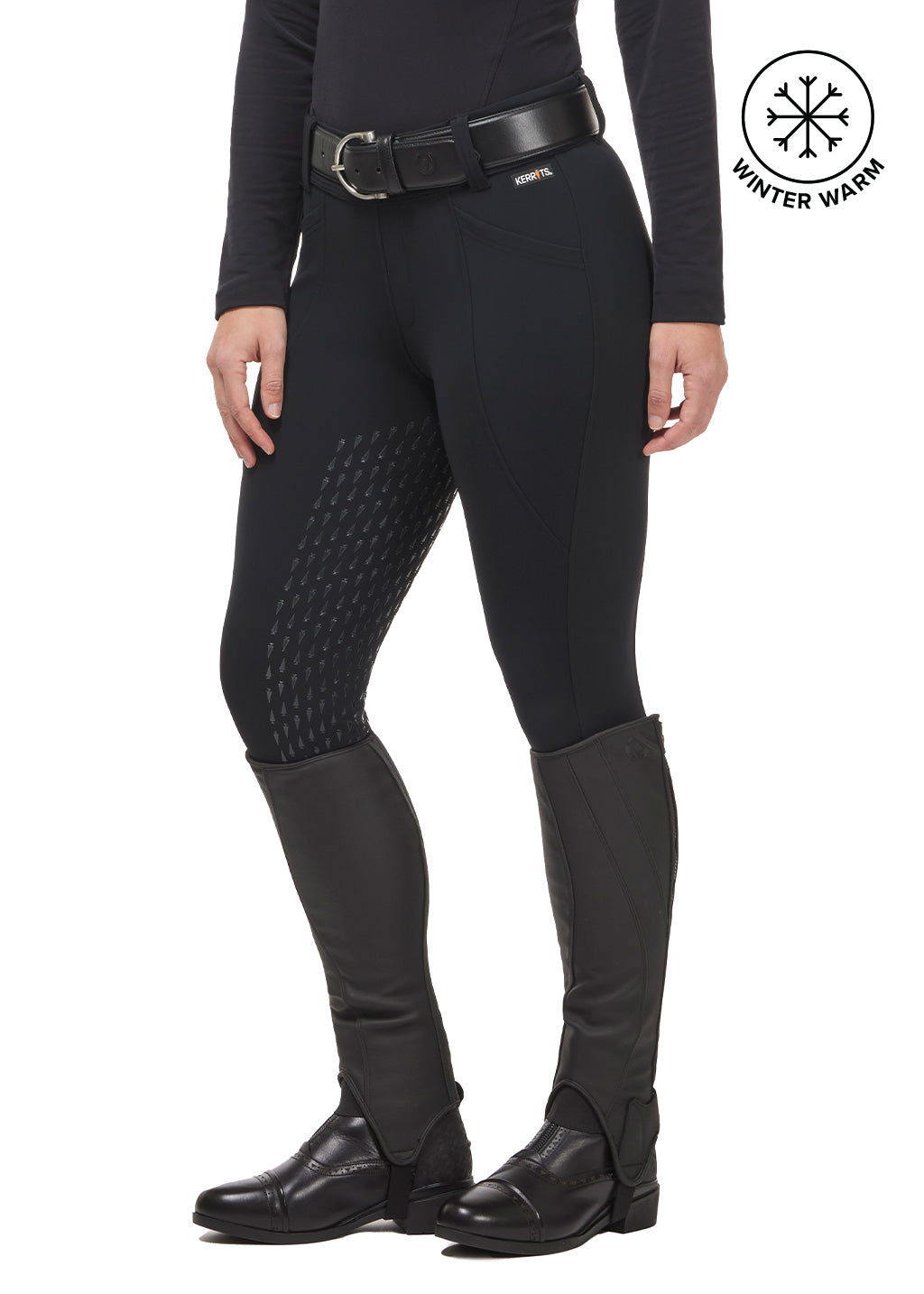 ront view of the Kerrits Fusion Fleece-Lined Full Leg Clinic Tight in Black, highlighting the wide waistband and belt loops for a polished look.