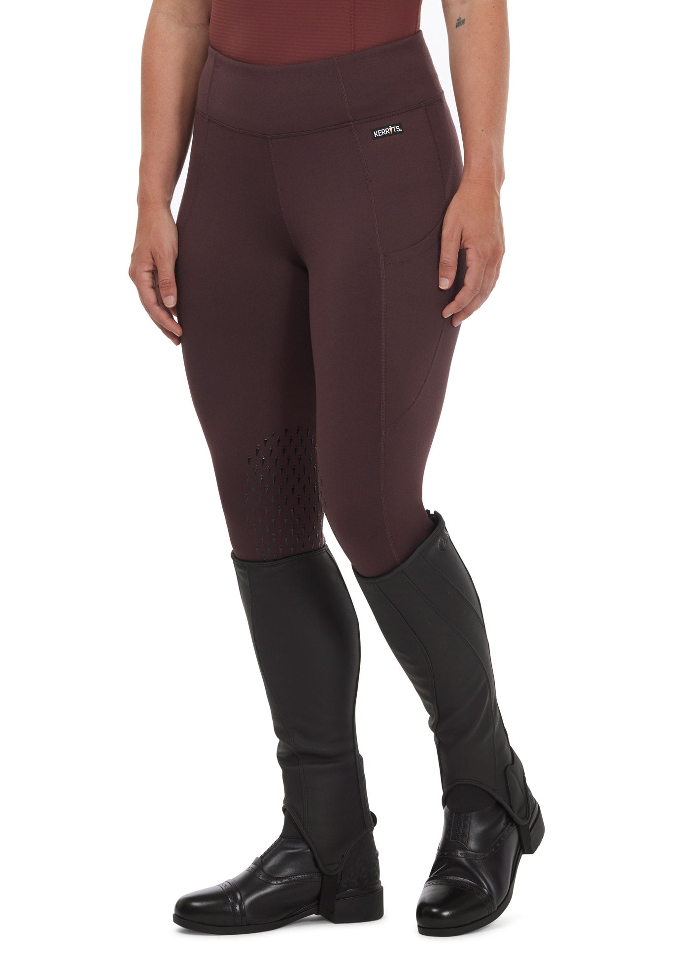 Front view of the Free Style Knee Patch Pocket Tight in Redwood/Sedona, highlighting the high-rise waistband and sleek design.